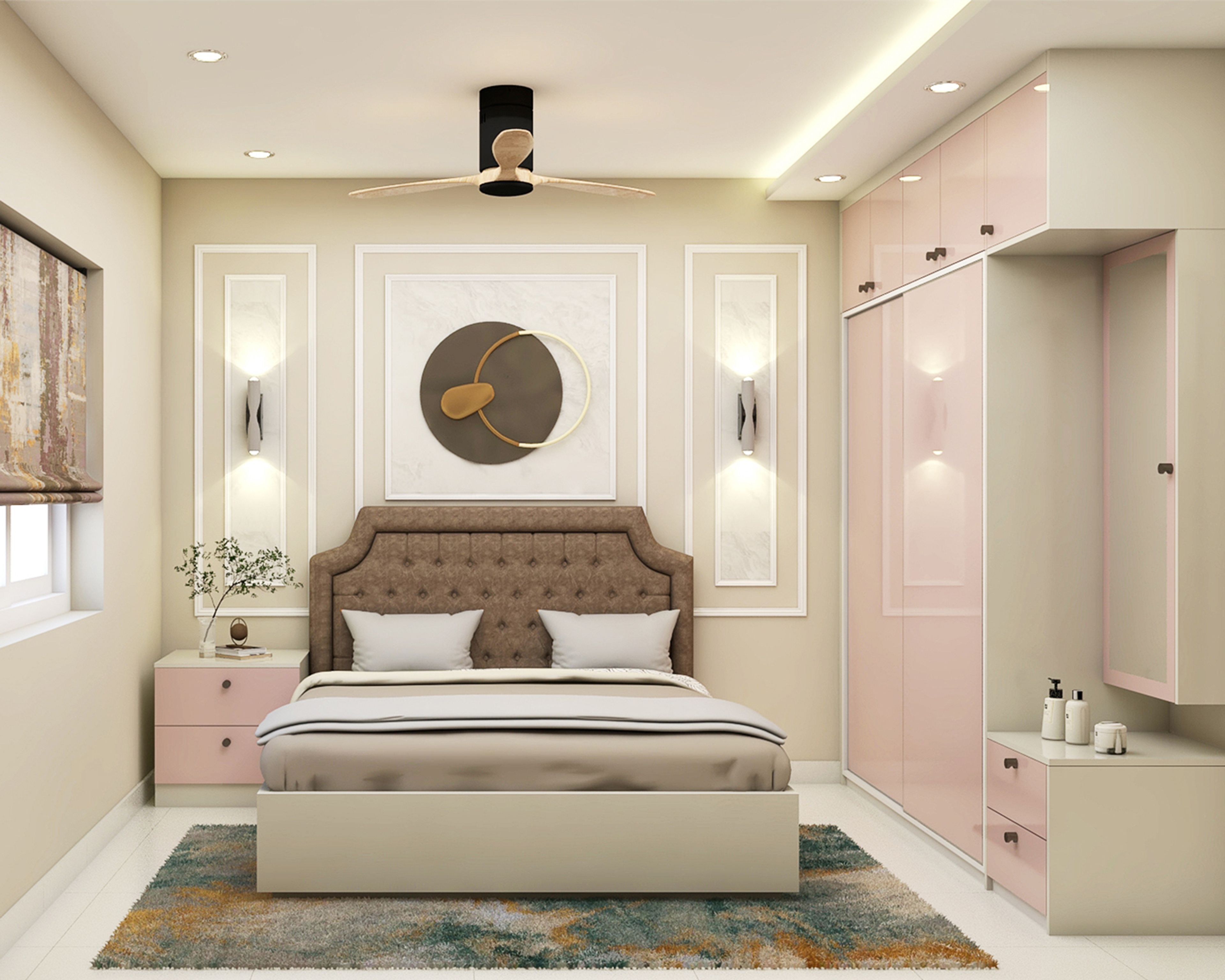 Modern Master Bedroom Design with Pink Wardrobe and Tufted Headboard Queen Bed