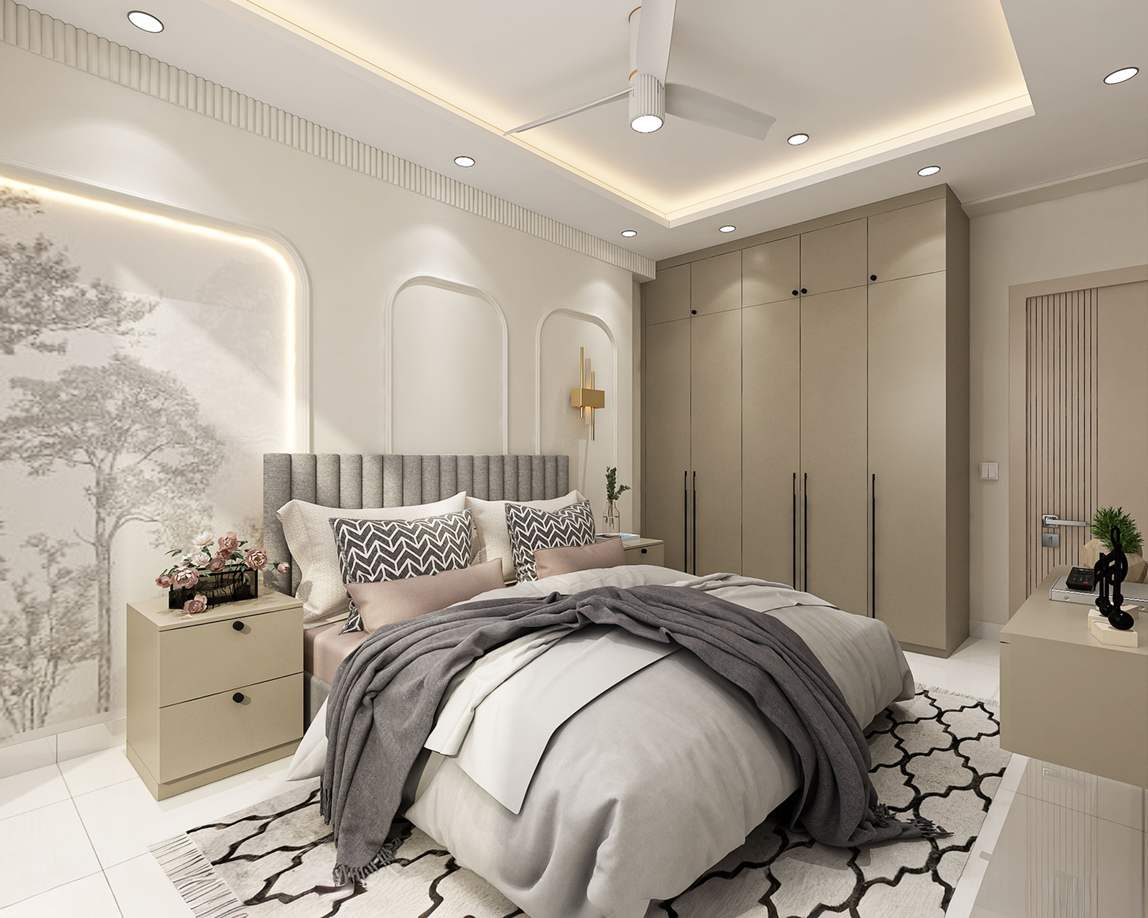 Contemporary Master Bedroom Design with Channel Tufted Headboard and Wardrobe