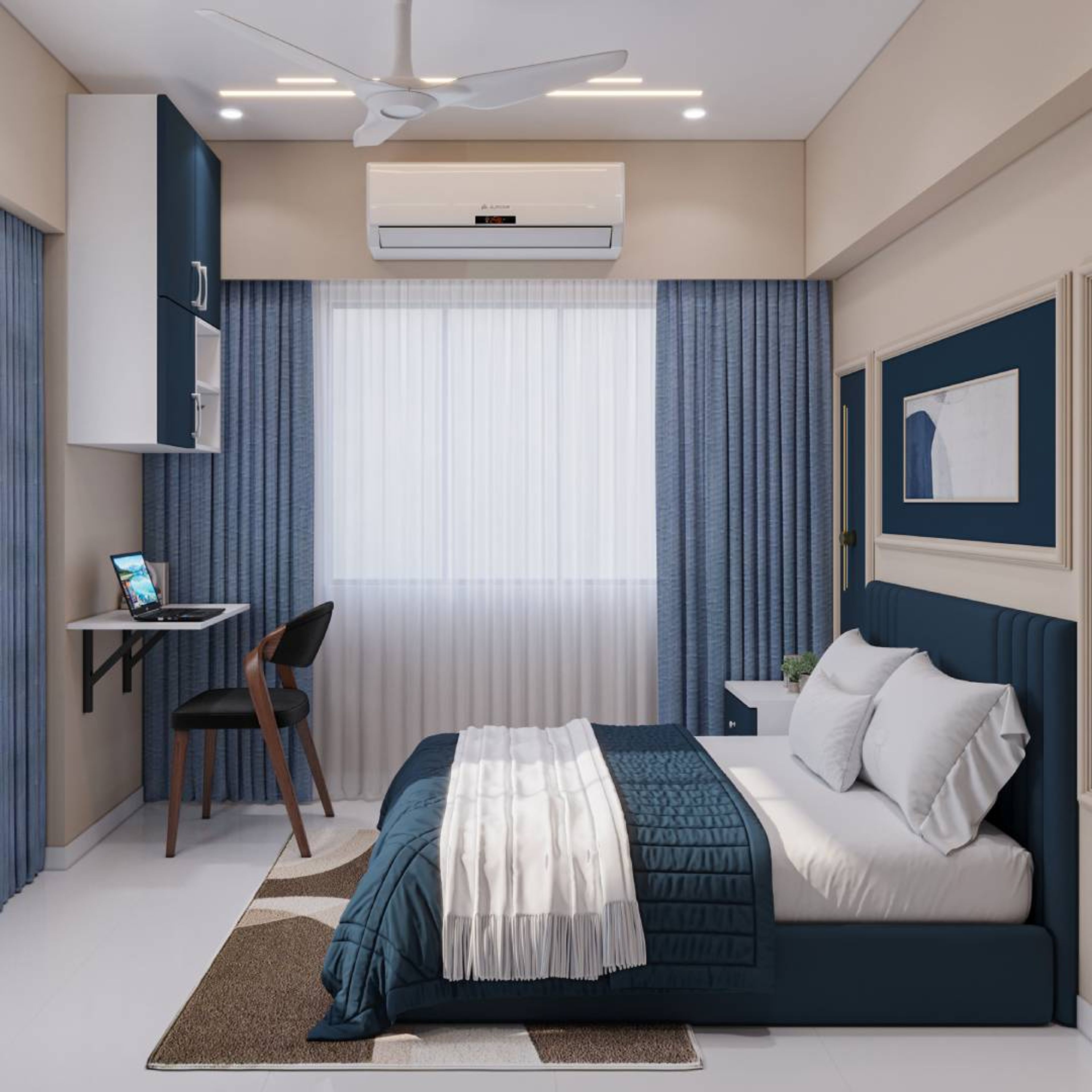 Contemporary Master Bedroom Design with Queen Bed and Navy Blue Study