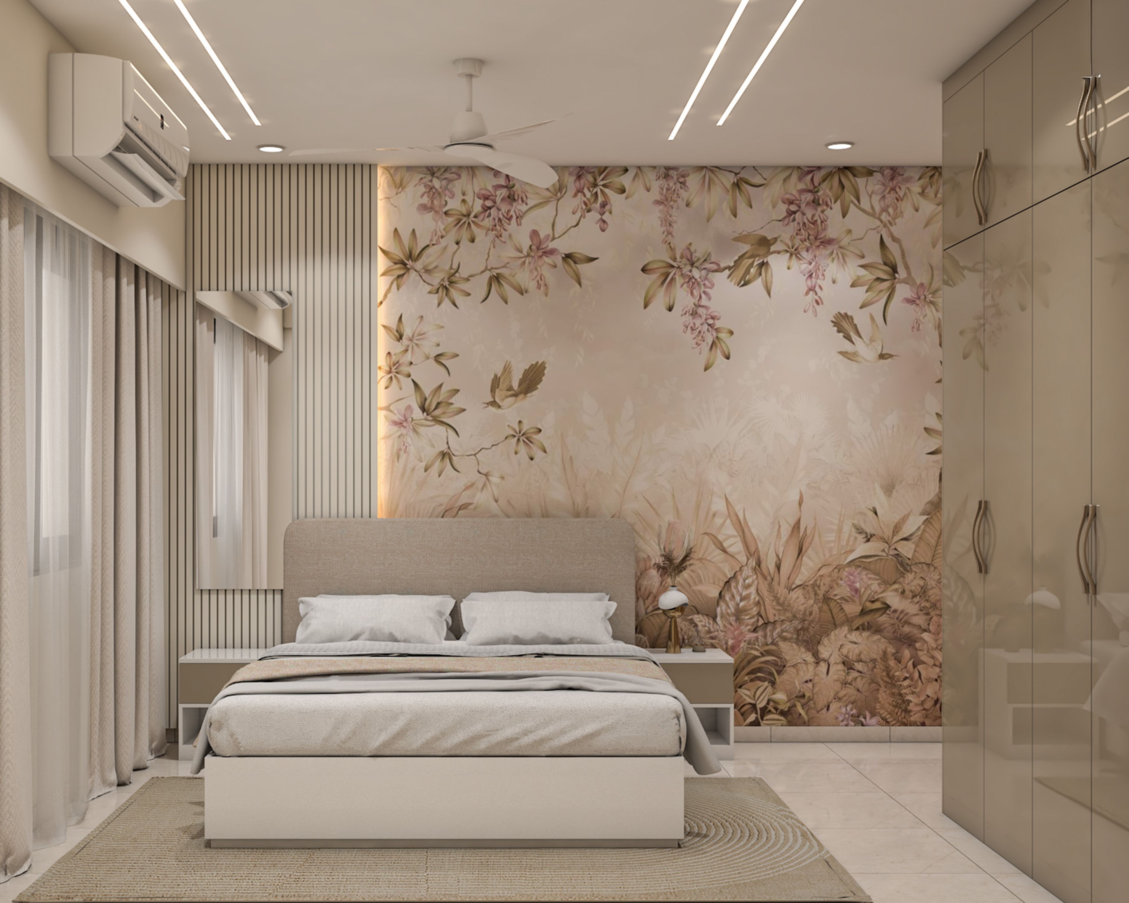 Modern Master Bedroom Design with Beige Upholstered Bed and Forest Wallpaper