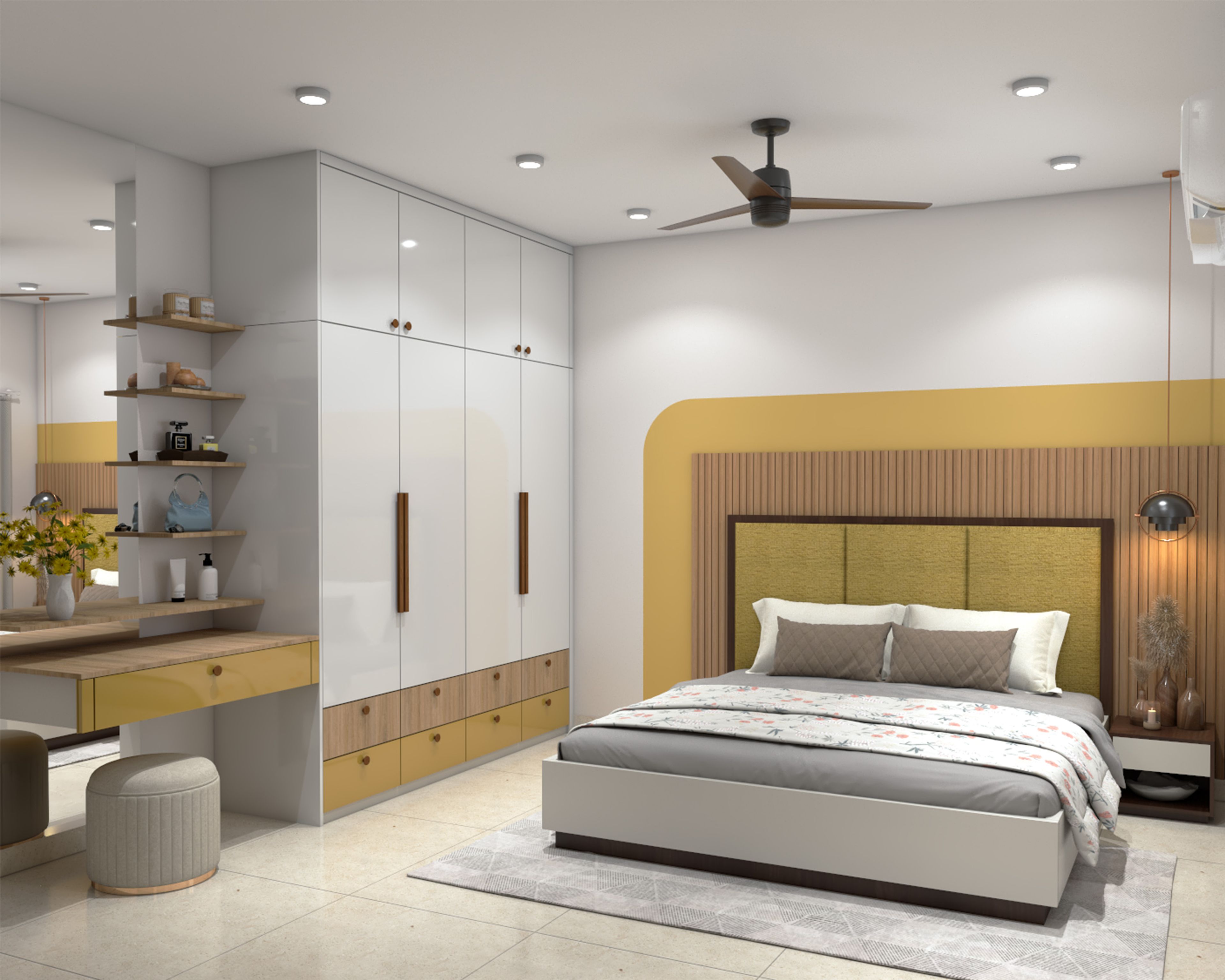 Contemporary Master Bedroom Design with Yellow Accent Headboard Wall