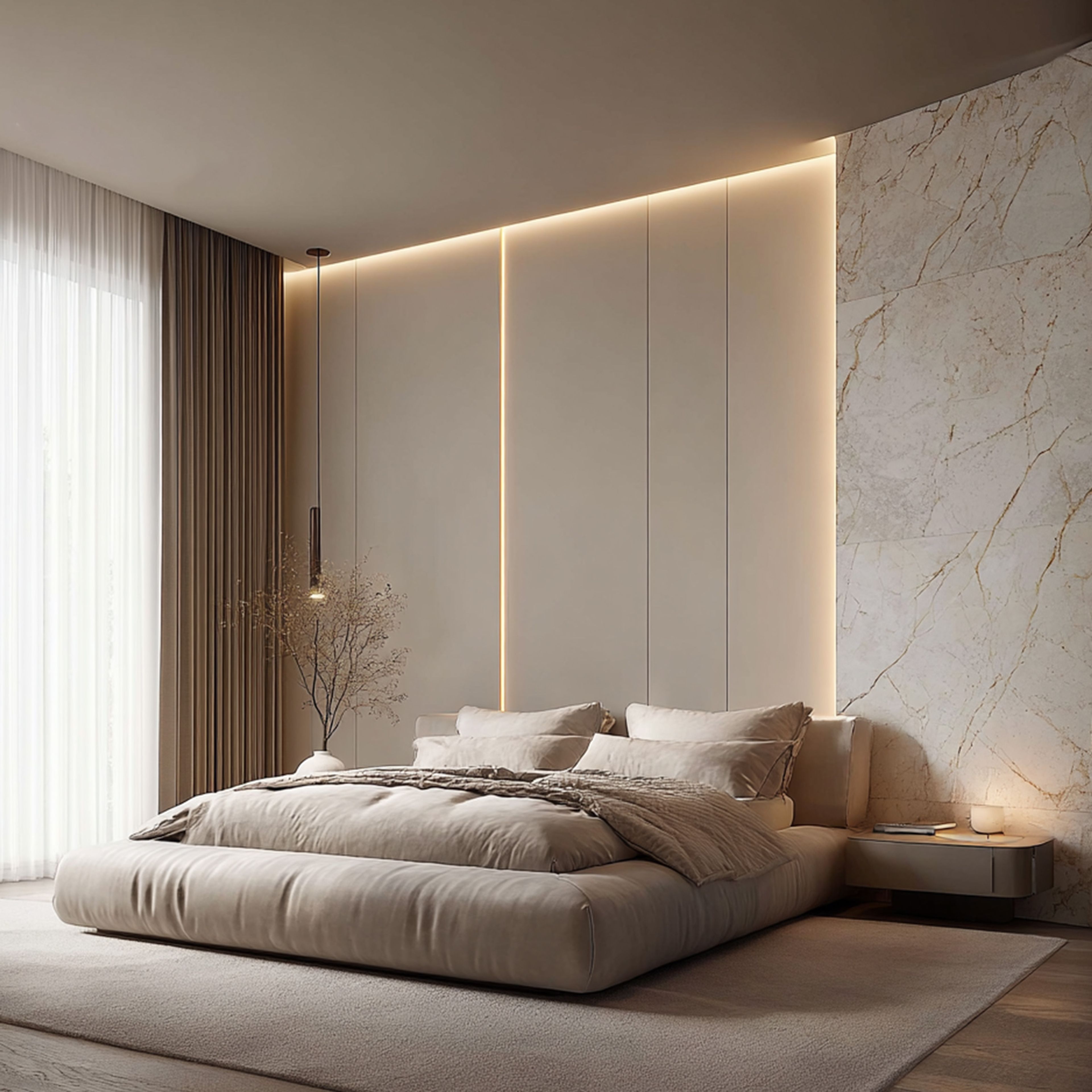 Minimal Master Bedroom Design with Platform Bed and Panelled Headboard Wall