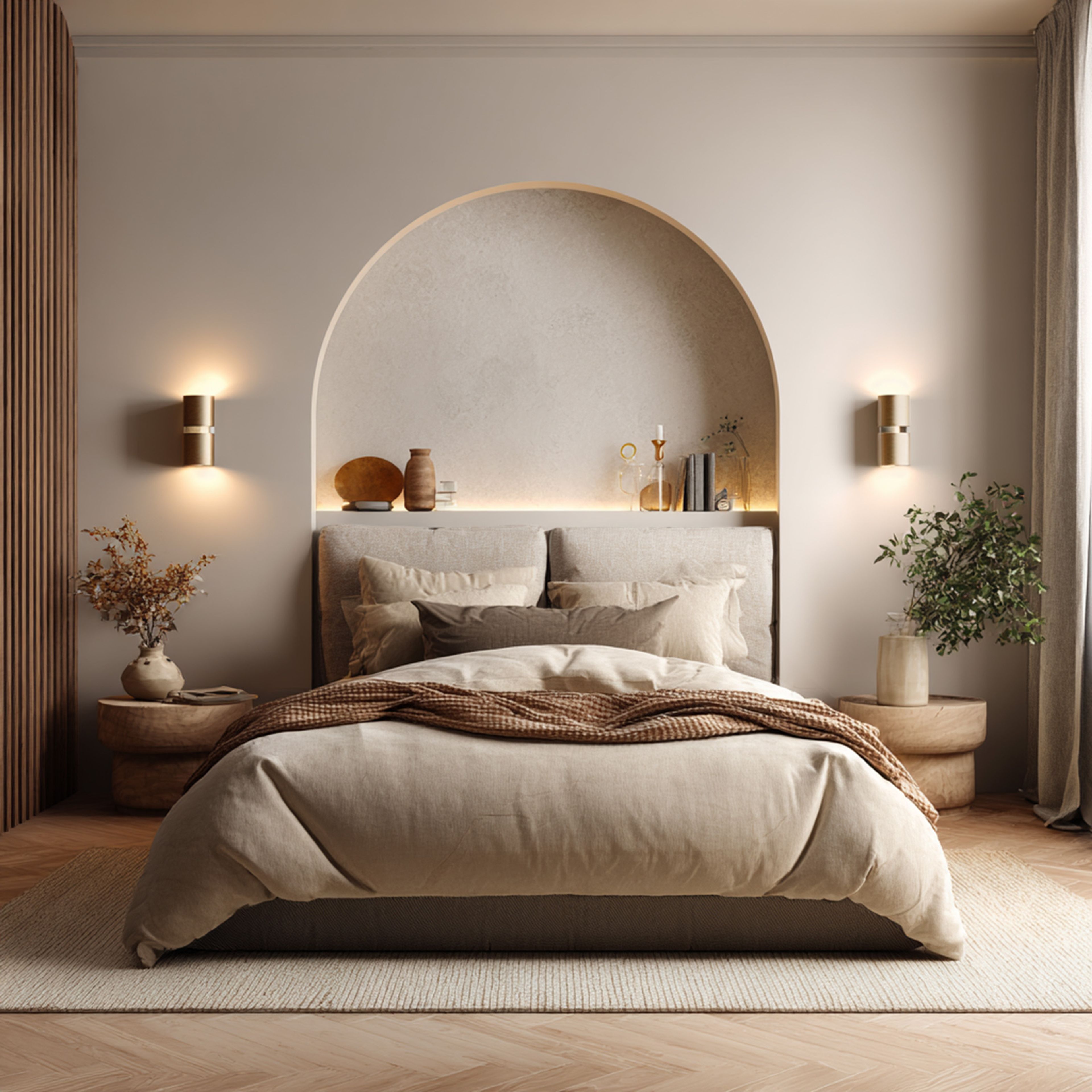 Minimal Master Bedroom Design with Arched Headboard Niche Feature Low Bed