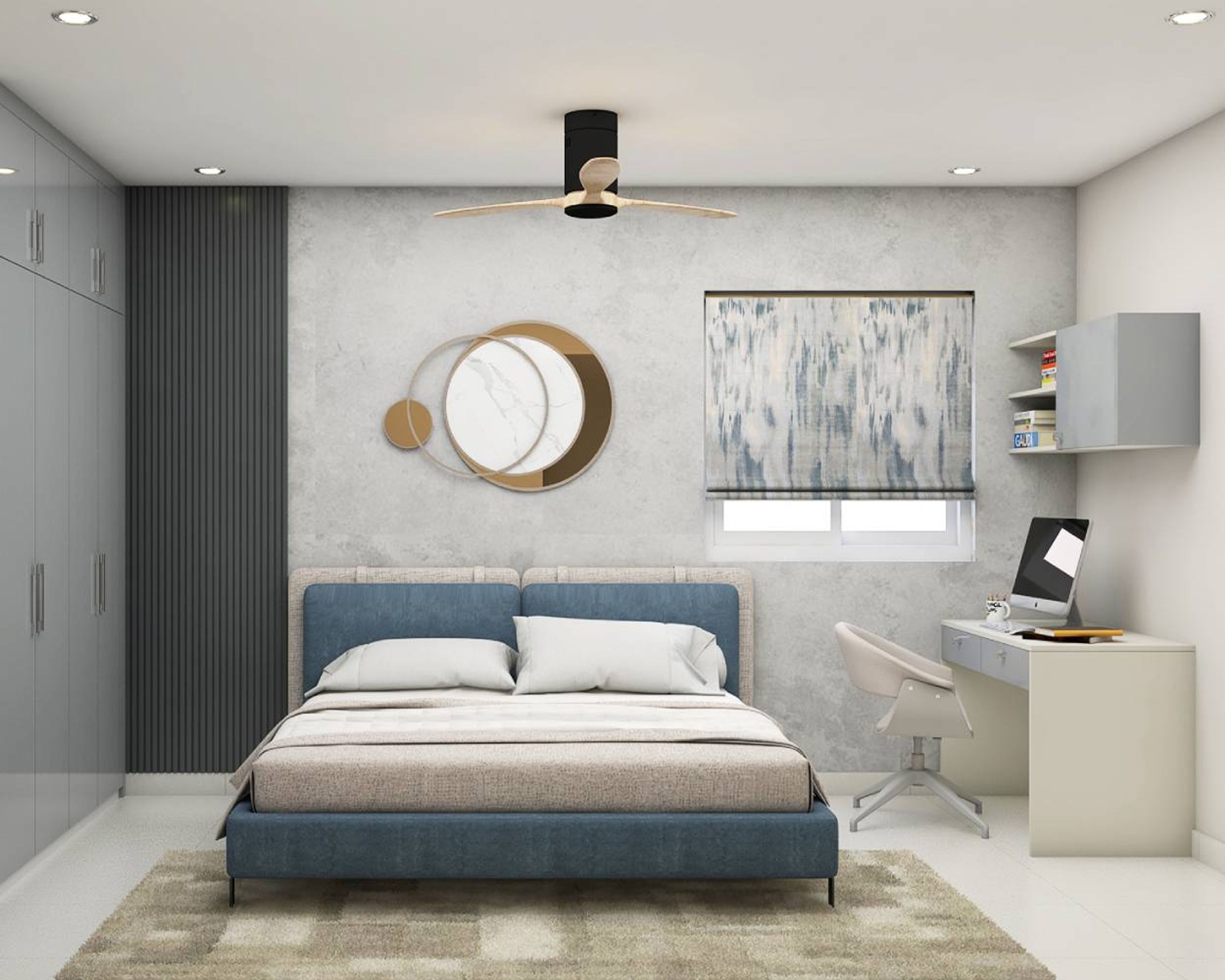 Contemporary Master Bedroom Design with Upholstered Bed and Built In Wardrobe
