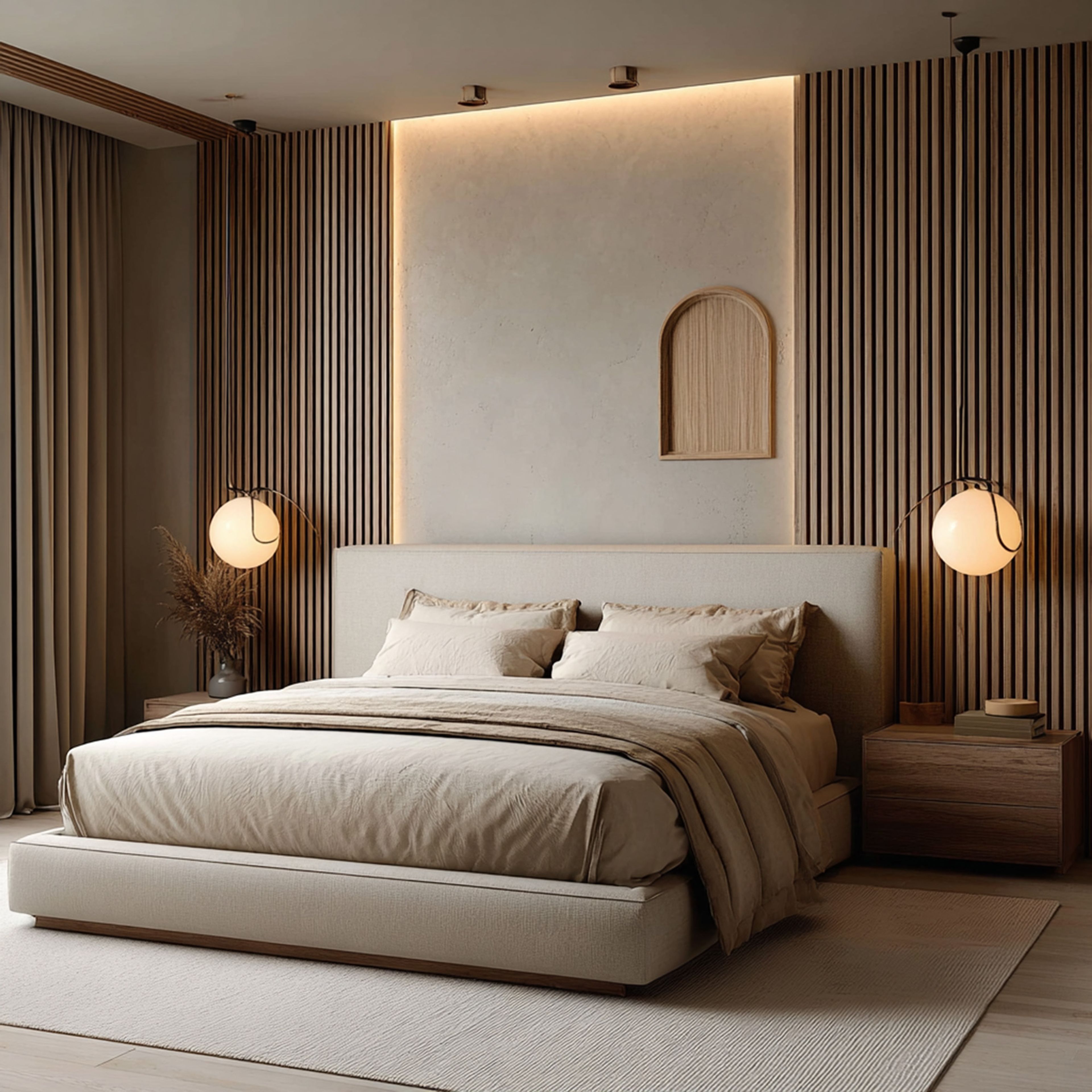 Minimal Master Bedroom Design with Wooden Slat Accent Wall and Low-Profile Bed