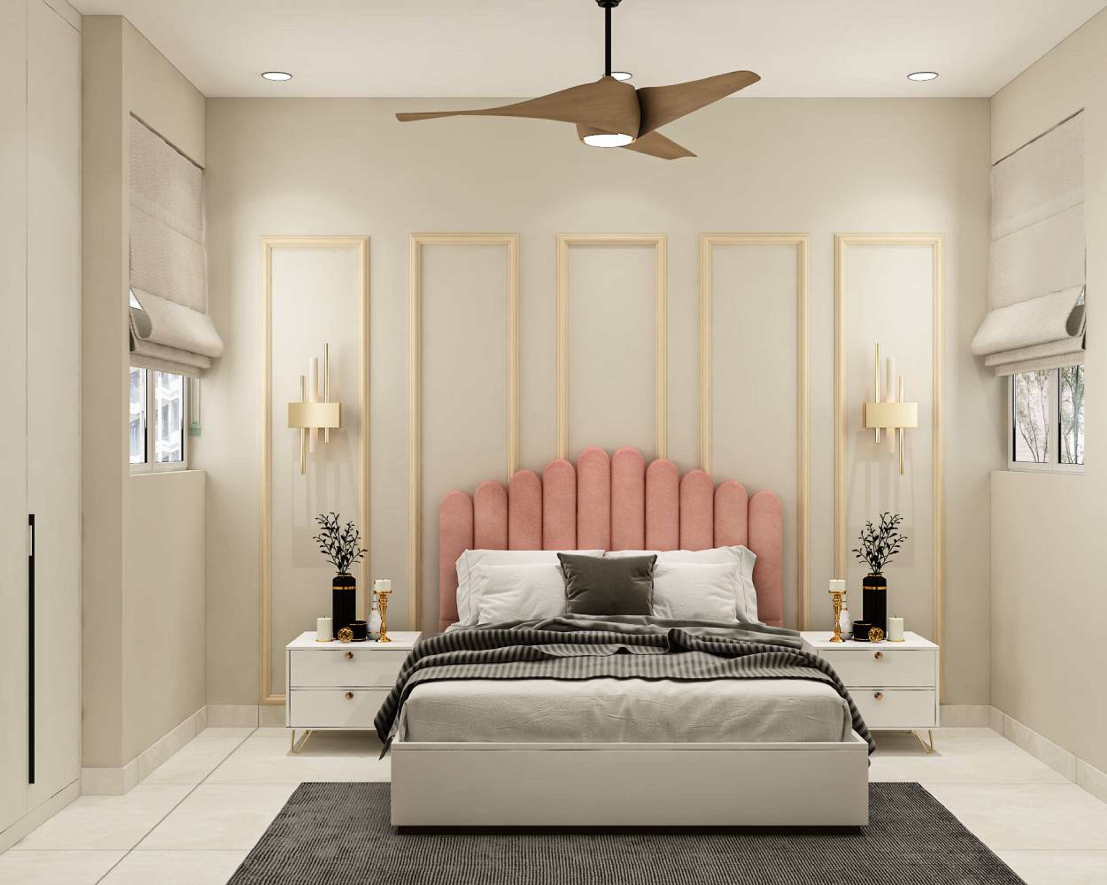 Contemporary Master Bedroom Design with Scalloped Headboard and Storage Bed