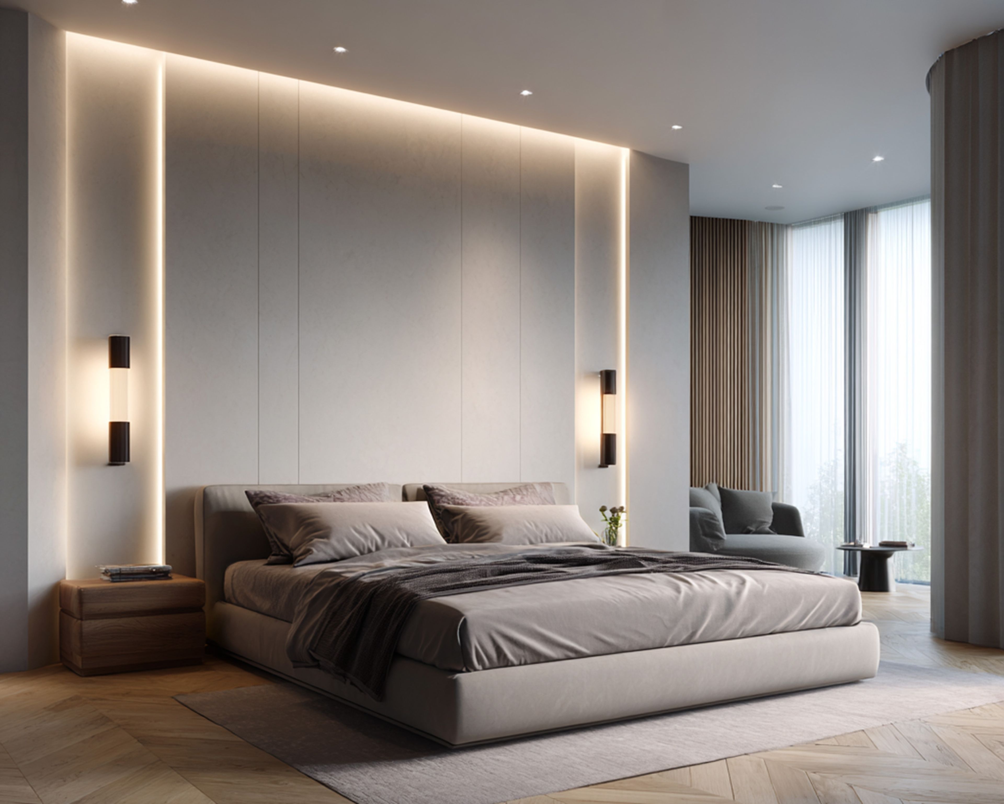 Modern Master Bedroom Design with Paneled Headboard Low Bed and Wall Lighting