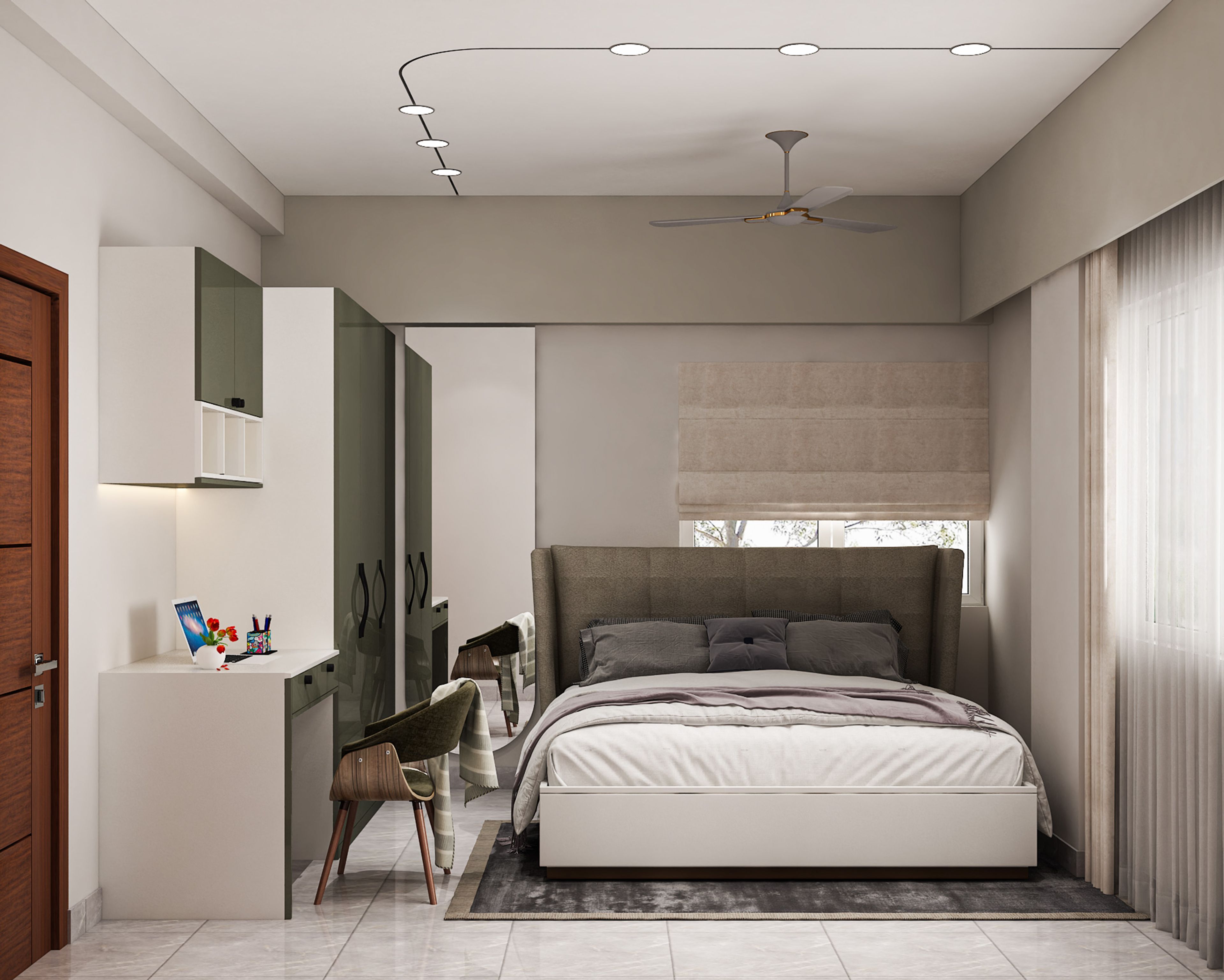 Contemporary Master Bedroom Design with Built-In Study and Full-Height Wardrobe