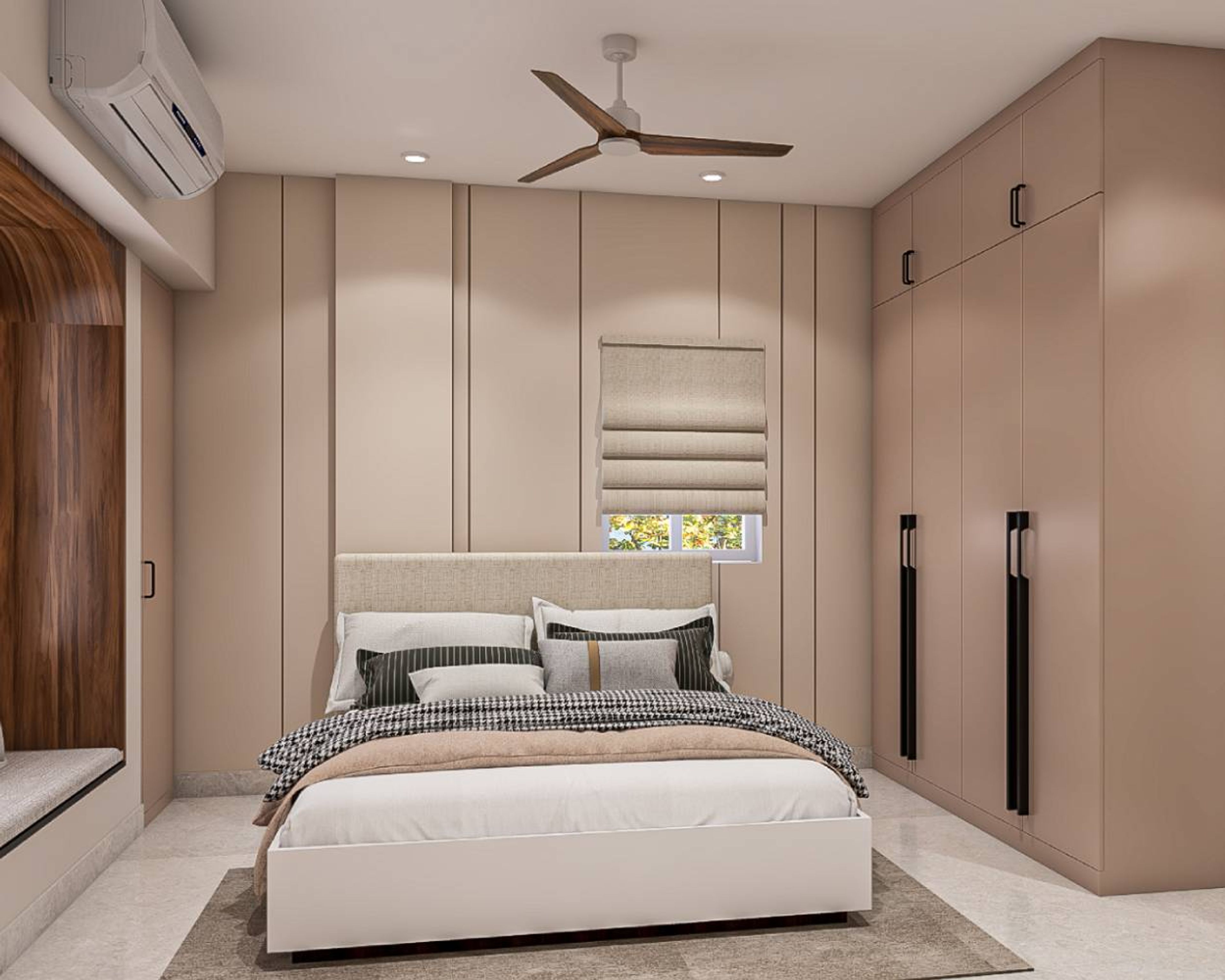 Contemporary Master Bedroom Design with Hydraulic Storage Bed and Built-in Wardrobes