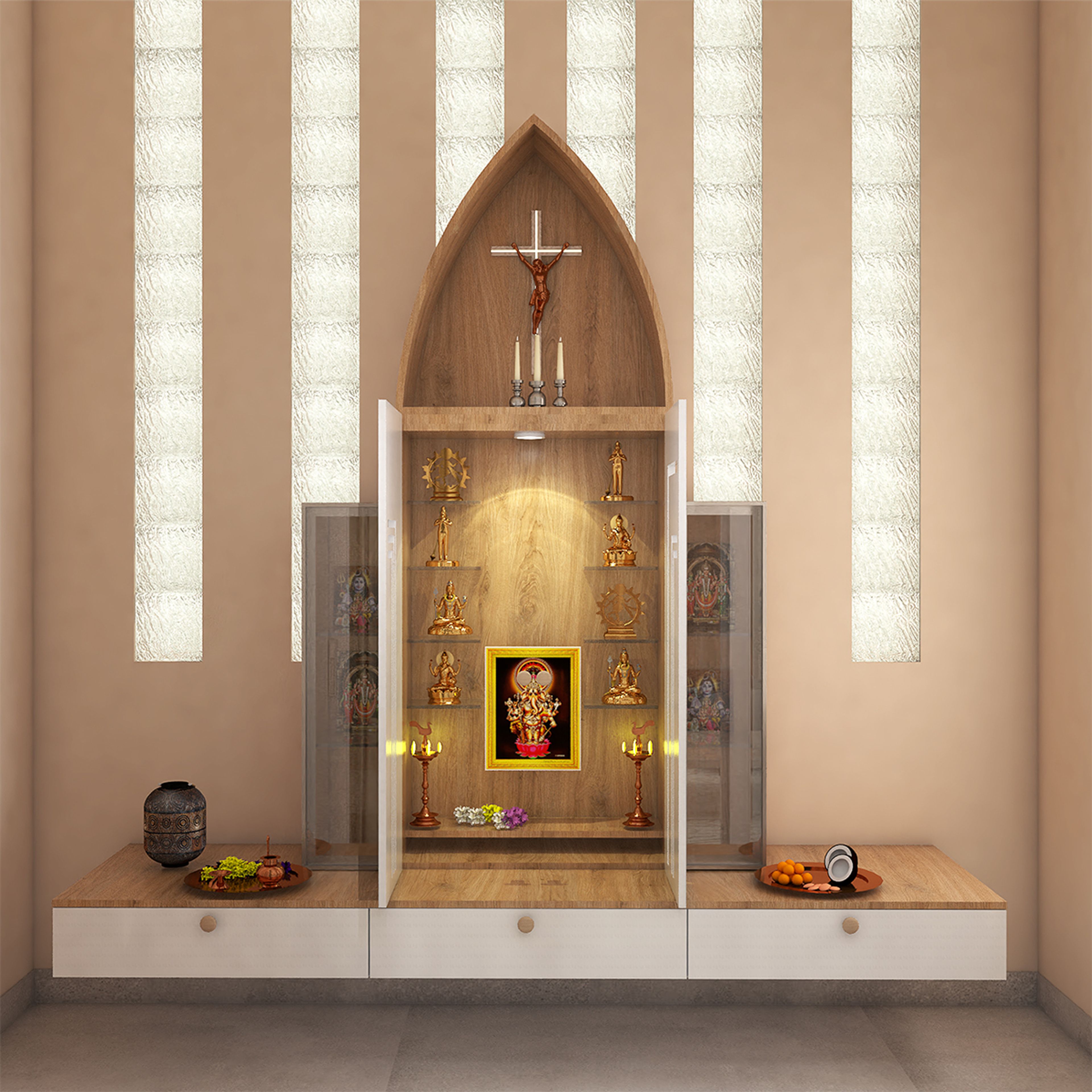 Traditional Wall Mounted Pooja Room Design with Arched Shrine