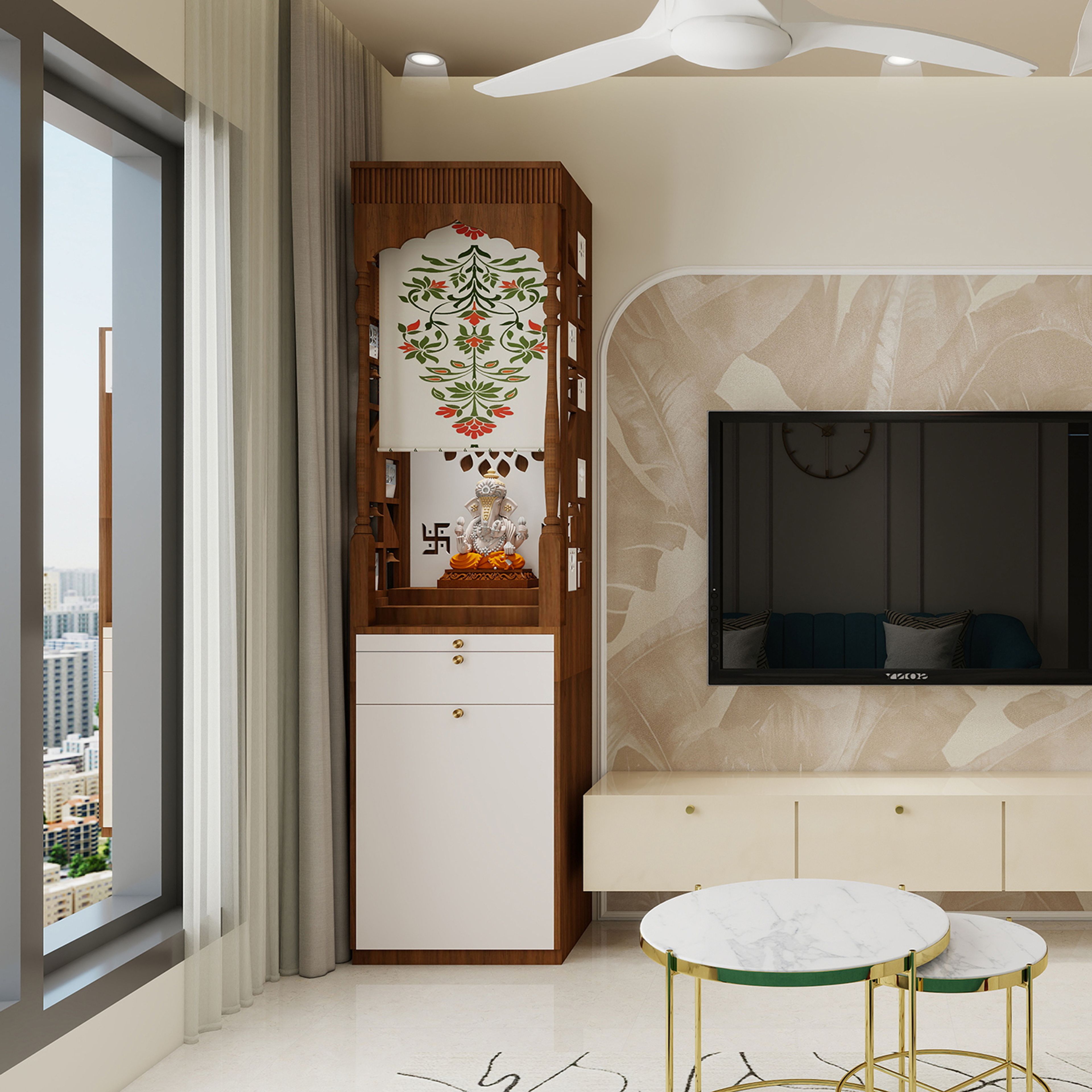 Modern Floor Mounted Pooja Room Design with Arched Canopy