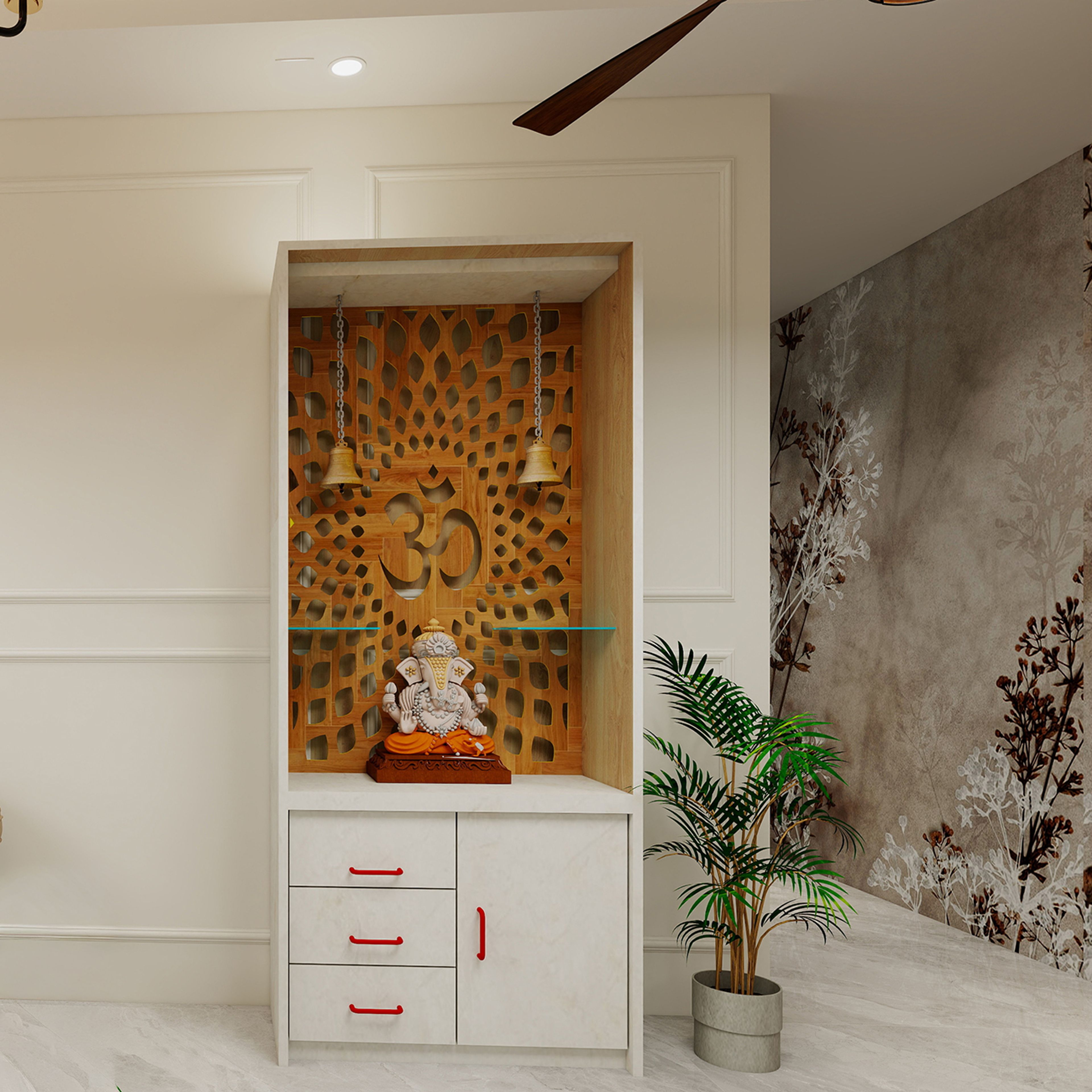 Traditional Floor Mounted Pooja Room Design with Lattice Panel