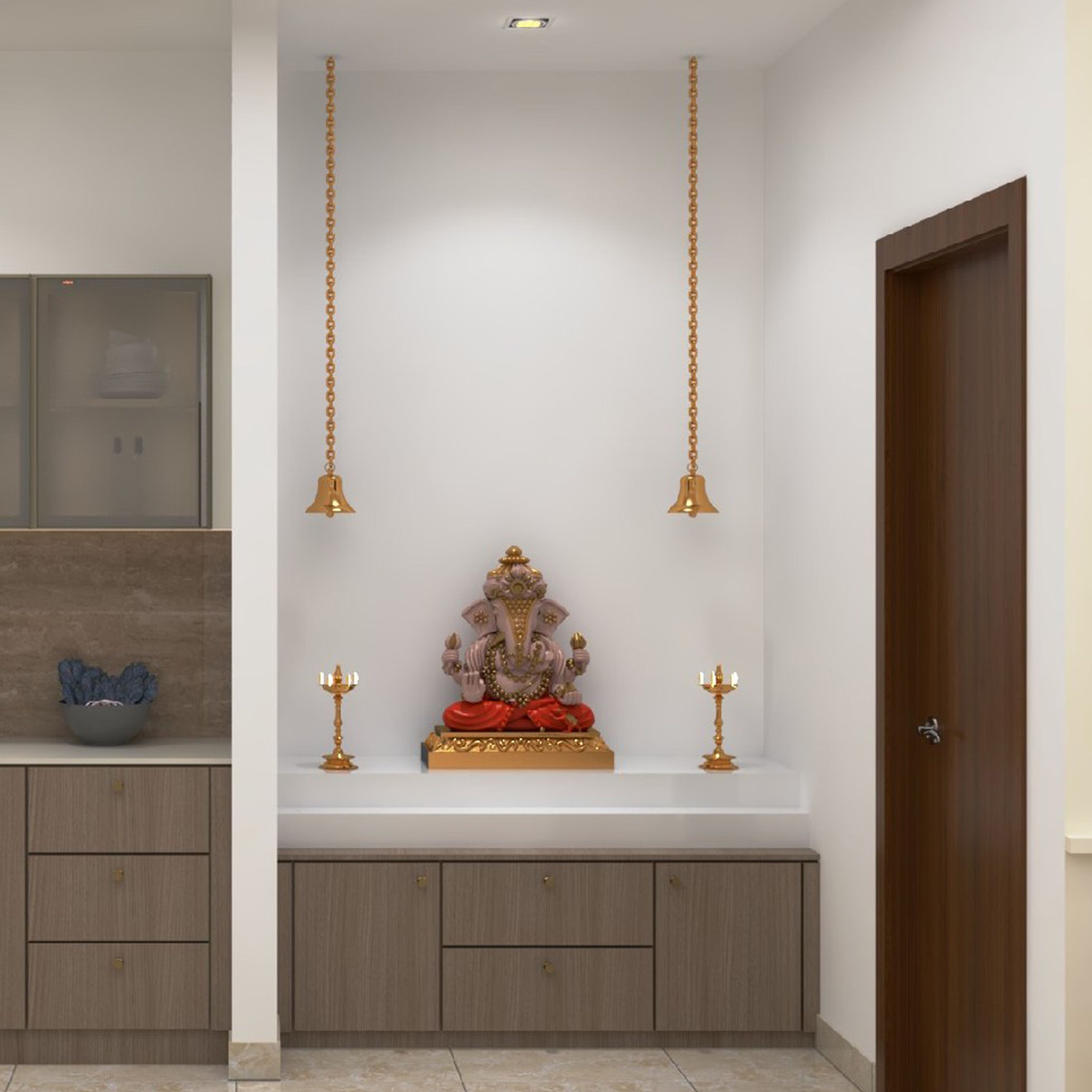 Walnut Contemporary Floor Mounted Pooja Design with Marble Top Shrine