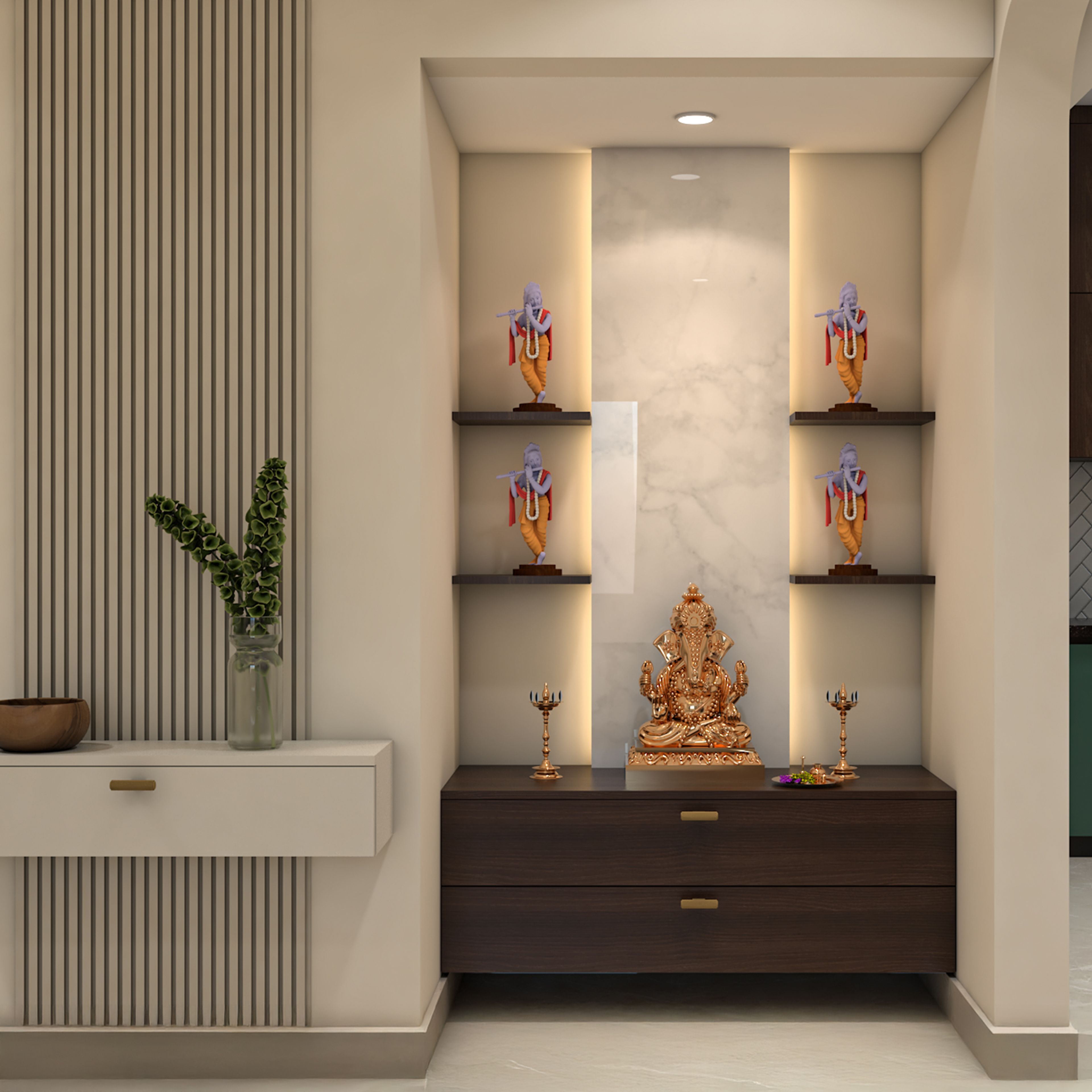 Minimal Wall Mounted Pooja Design with Marble Backlit Display