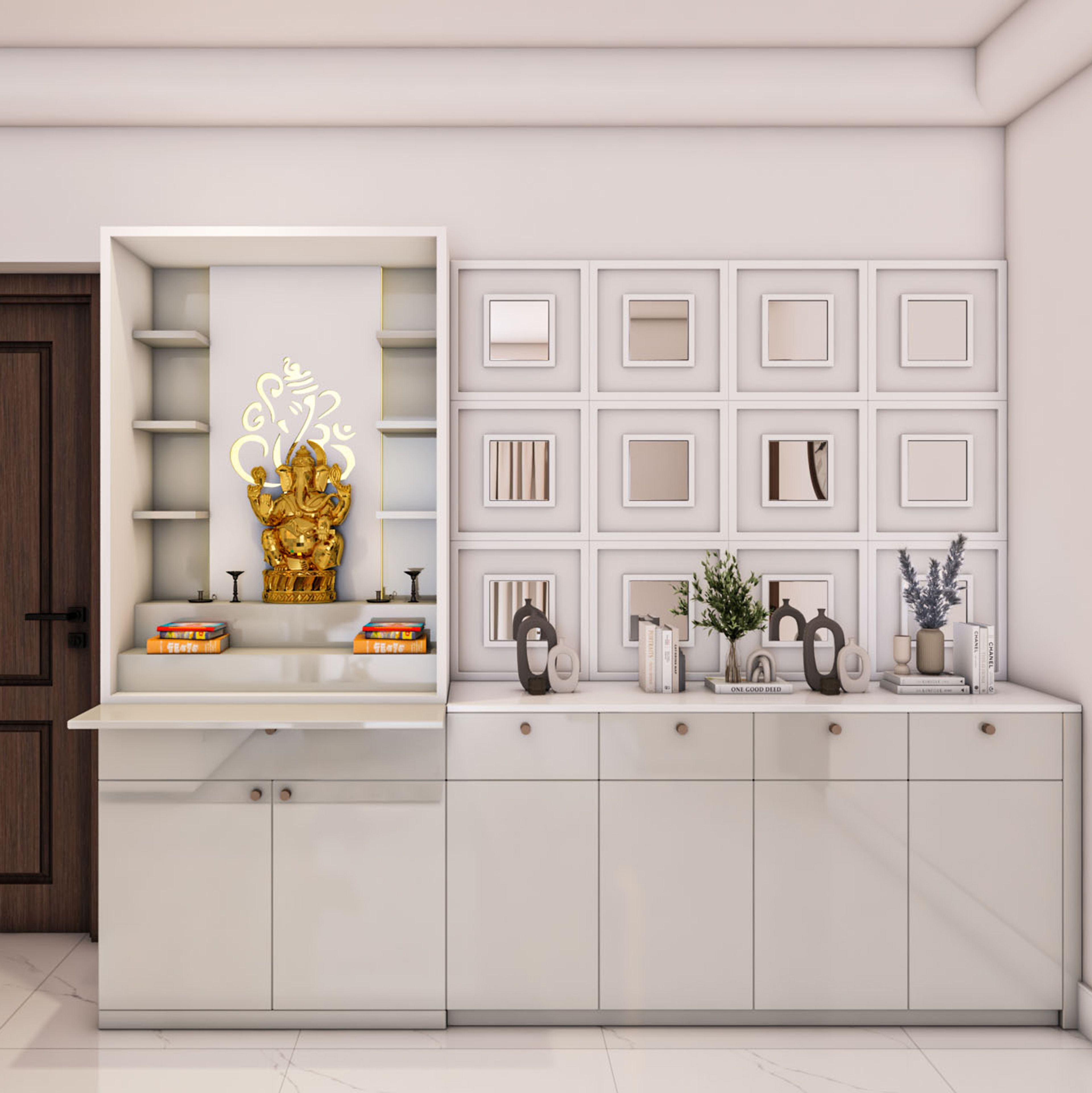 White Modern Pooja Design with Open Shelving and Mirror Feature Wall