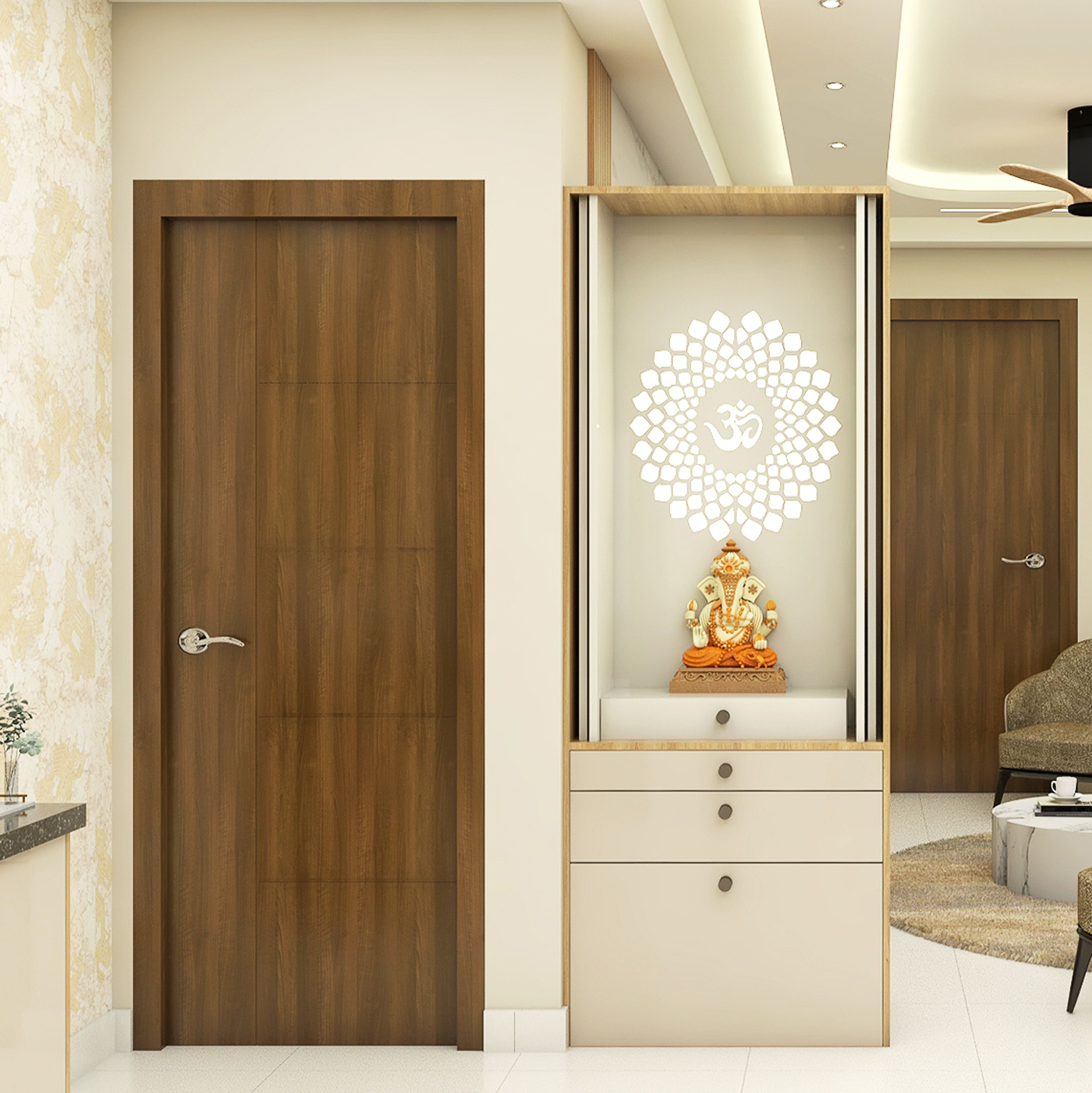 Minimal Pooja Design with Illuminated Om Motif and Display Niche