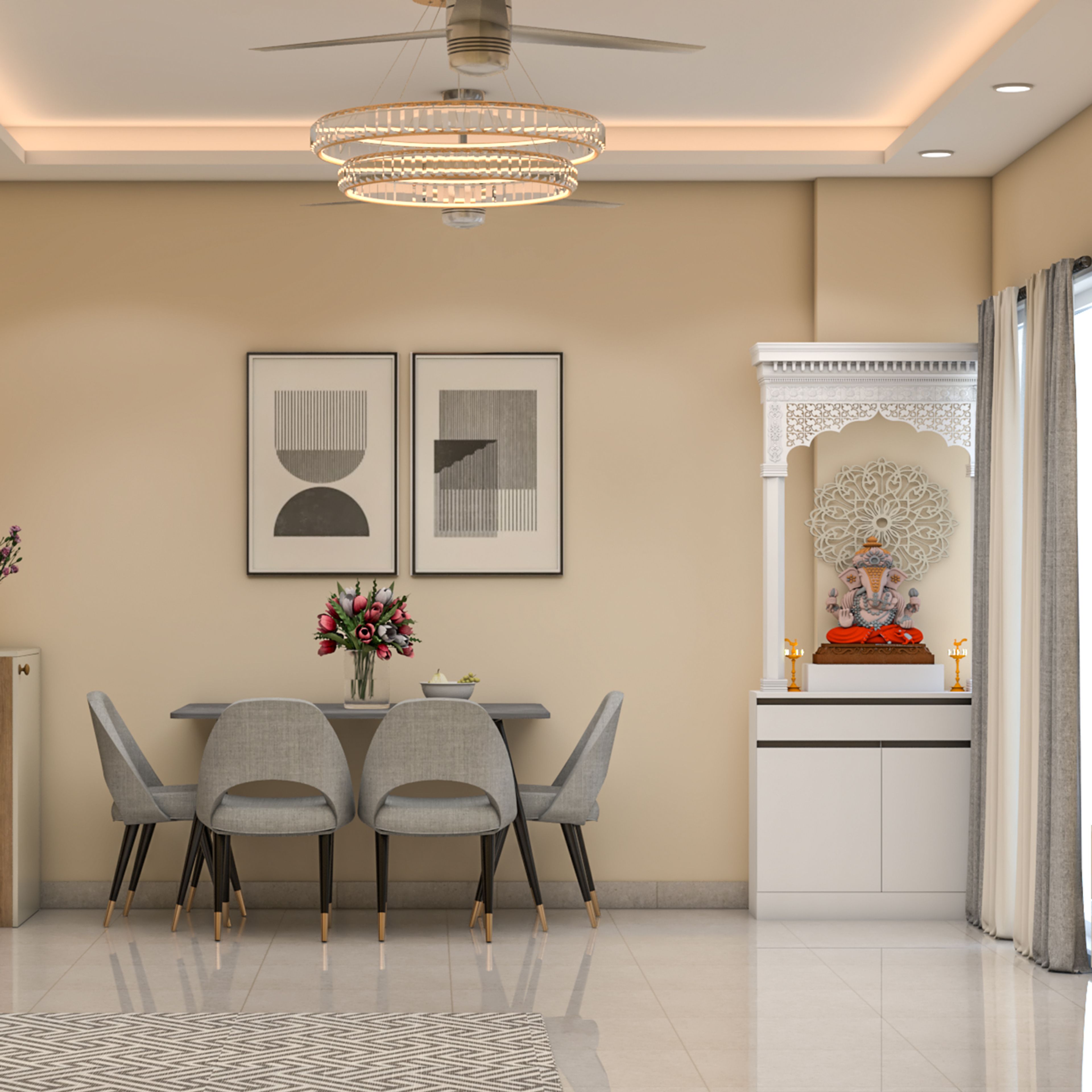 Modern White Pooja Room Design with Floor Mounted Cabinet and Altar