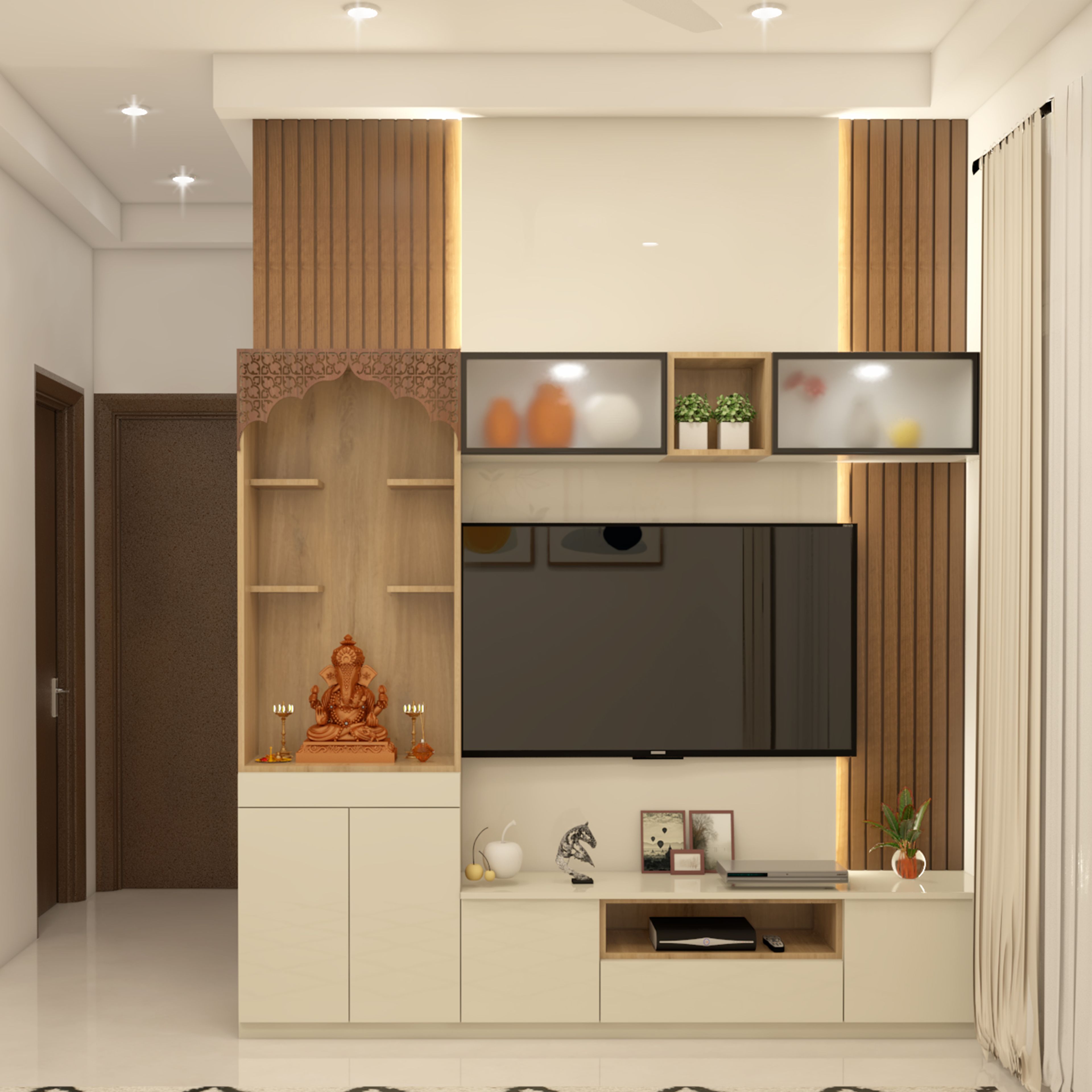 Contemporary Pooja Room Design with Floating Console and Display Shelves