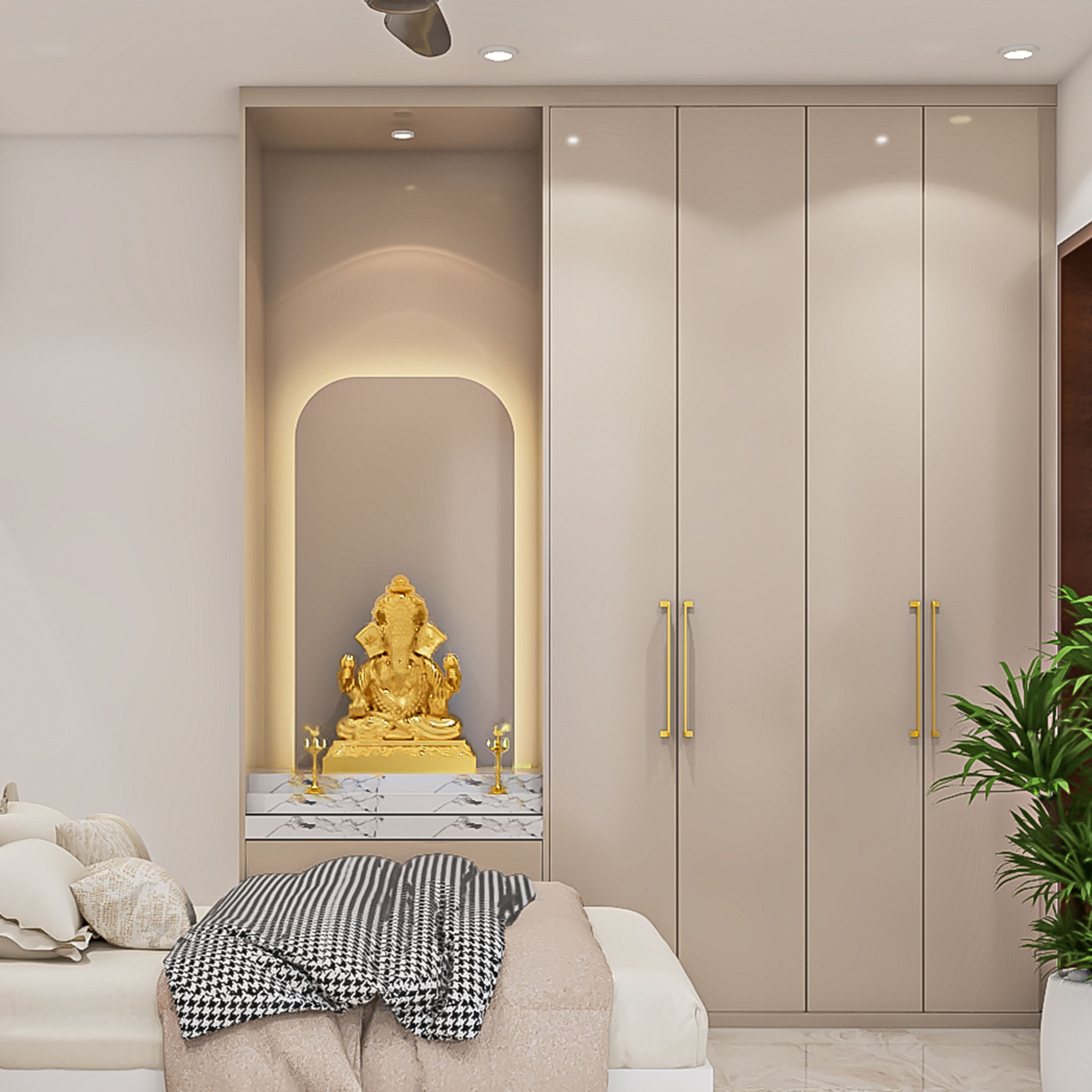 Beige Modern Pooja Room Design with Arched Shrine and Cabinet Storage