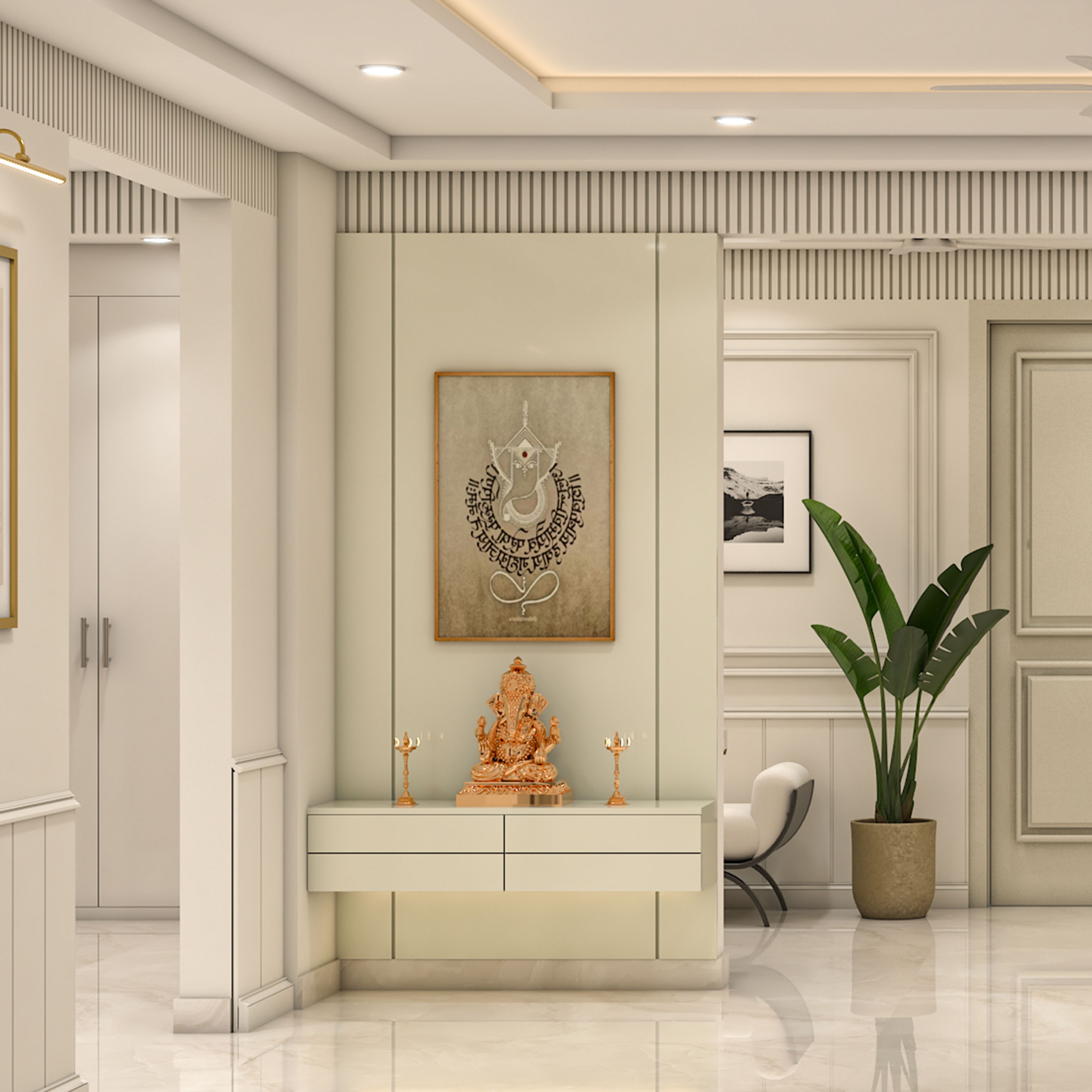 Modern White Wall Mounted Pooja Room Design with Storage Drawers