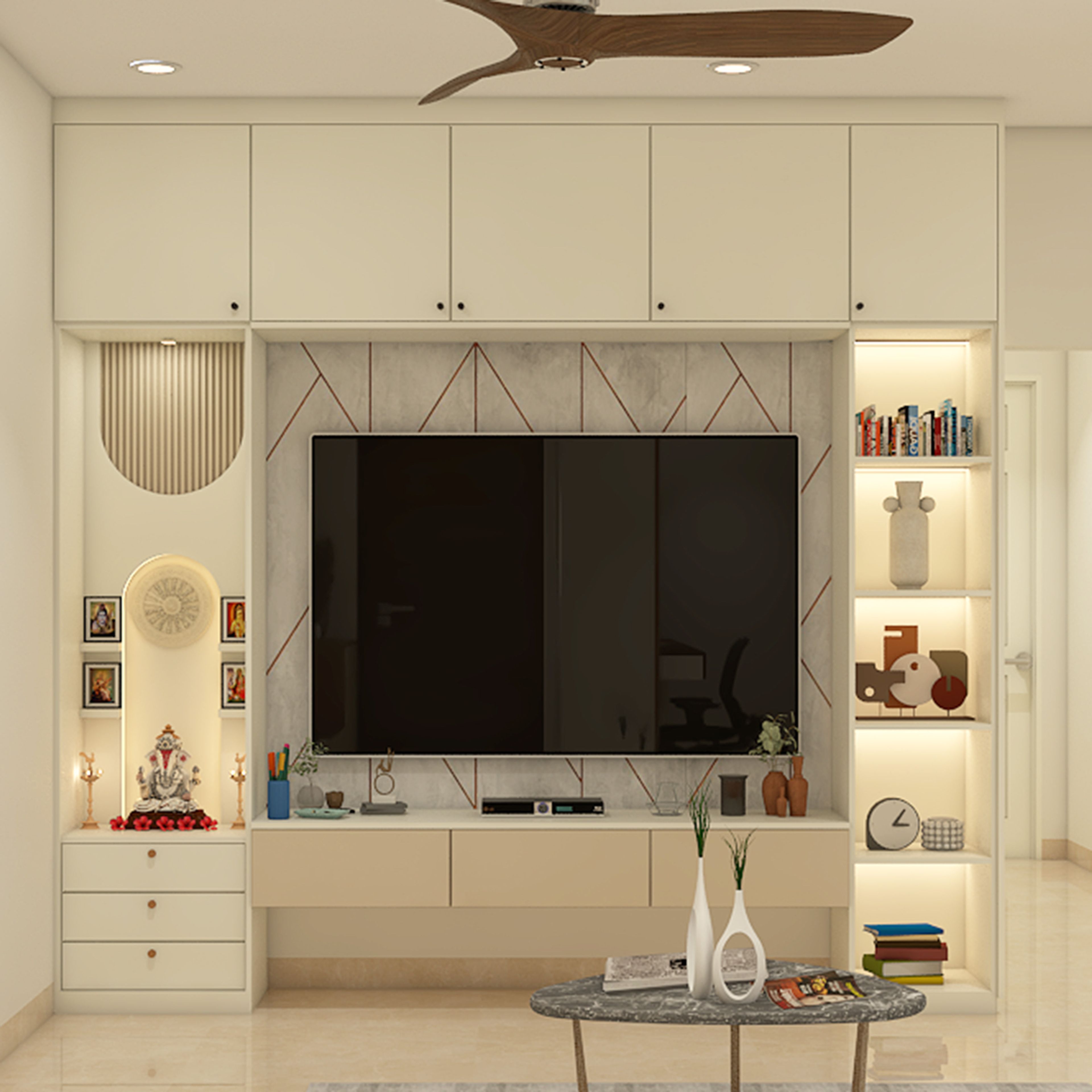 Contemporary Floor-Mounted Pooja Room Design with Storage Cabinets and Shrine