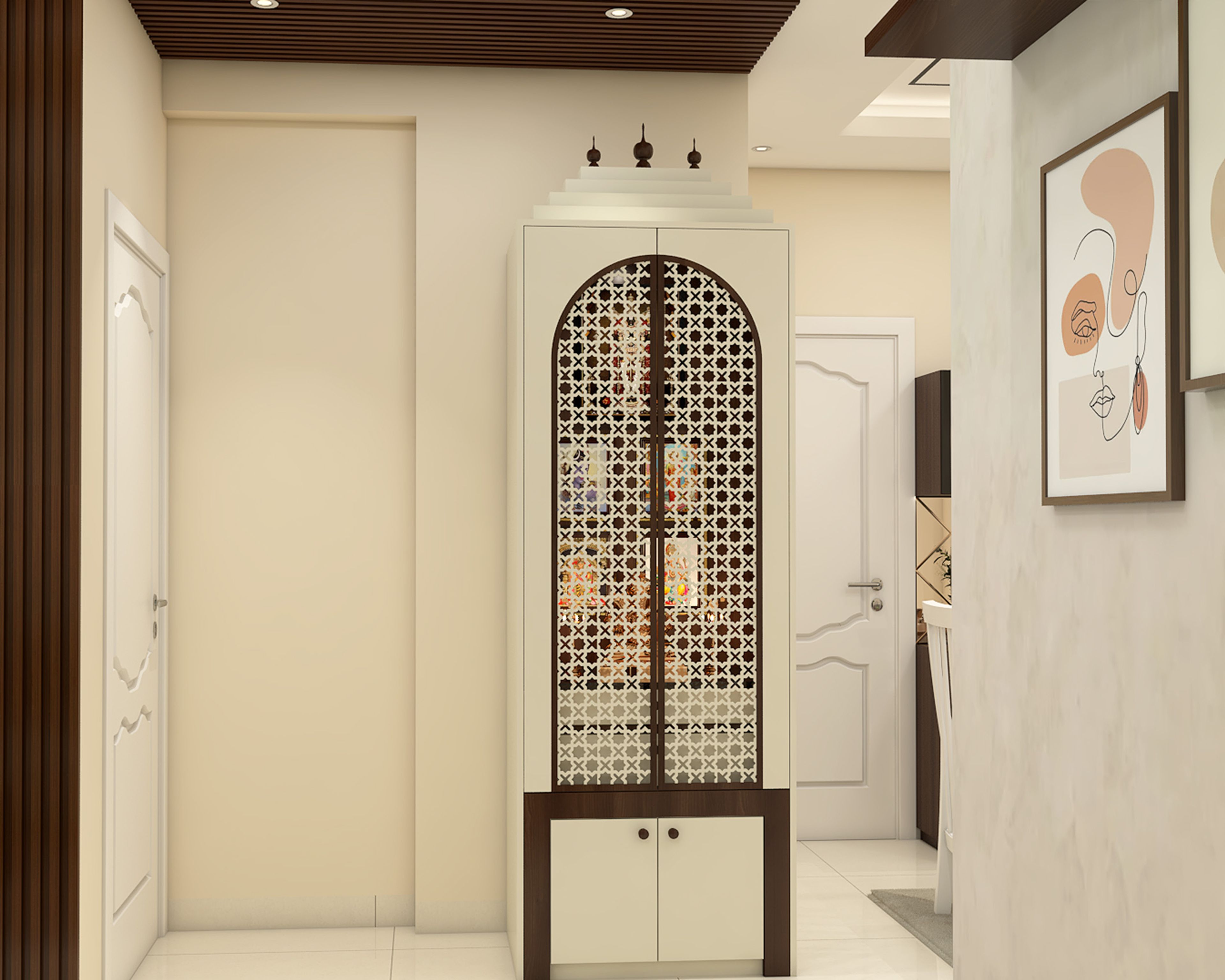 Champagne and Walnut Bronze Traditional Pooja Room Design with Wooden Shrine