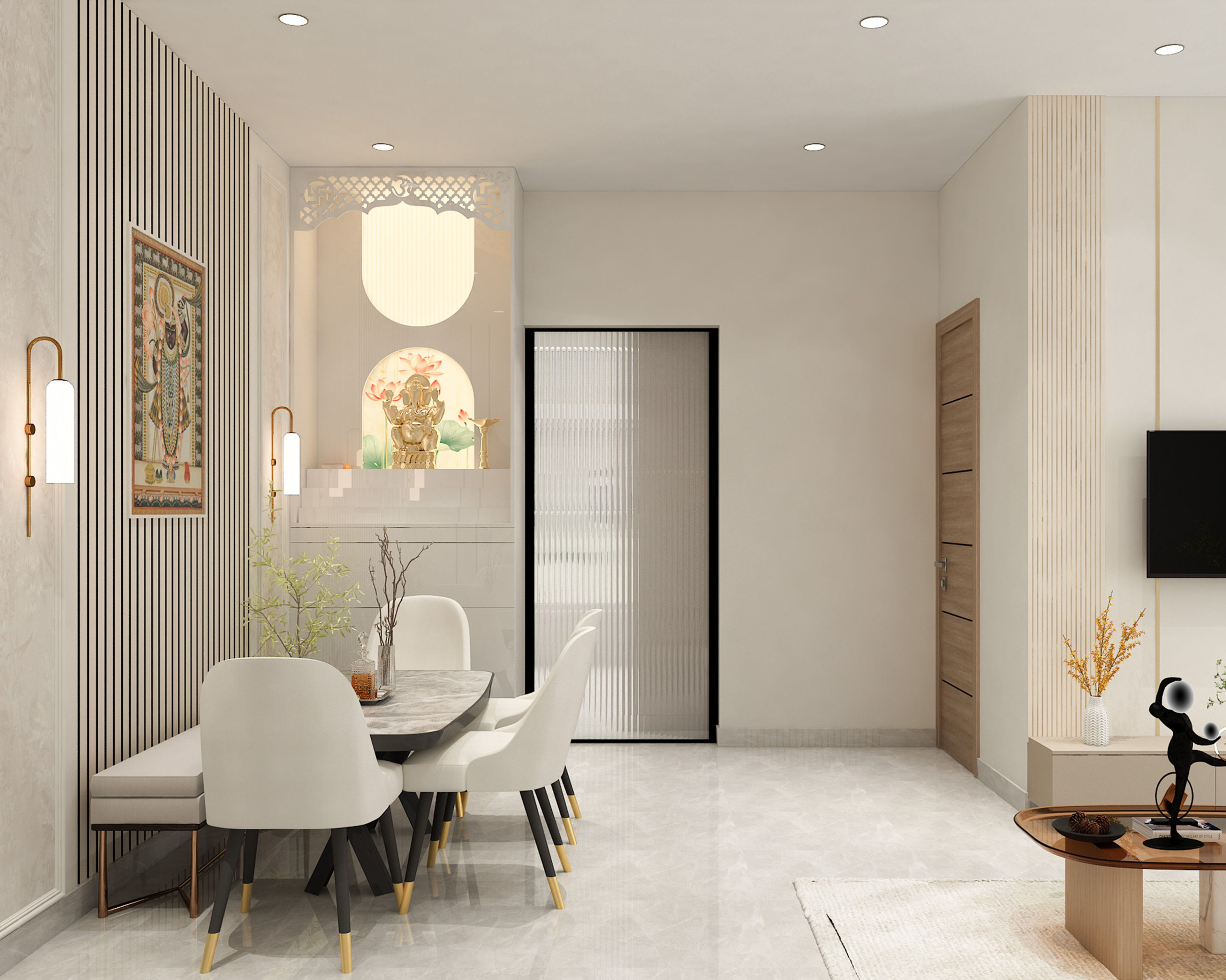 White Contemporary Pooja Room Design with Decorative Panels and Cabinets