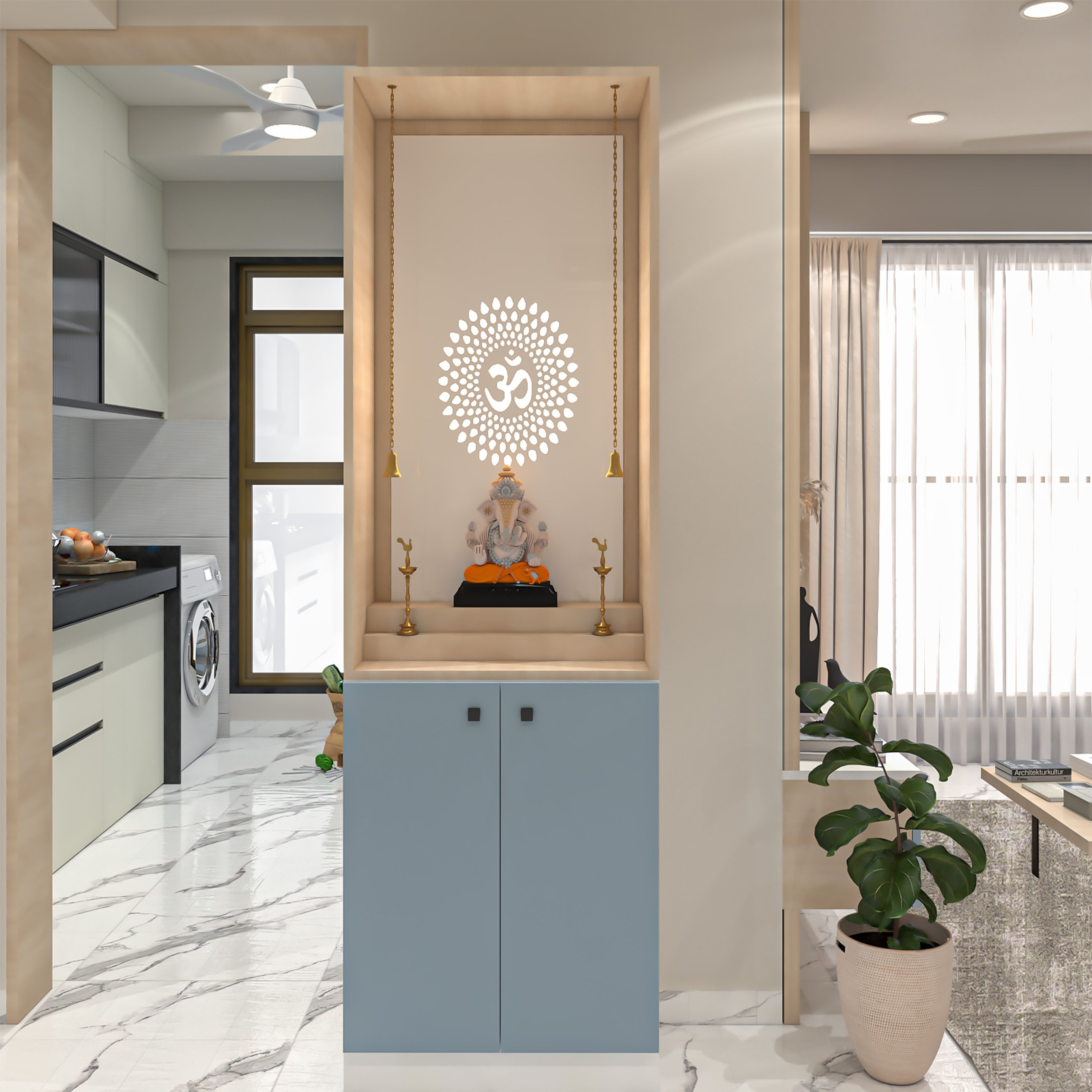 Minimal Blue and Acacia Pooja Room Design with Om Mandala Backlit Panel