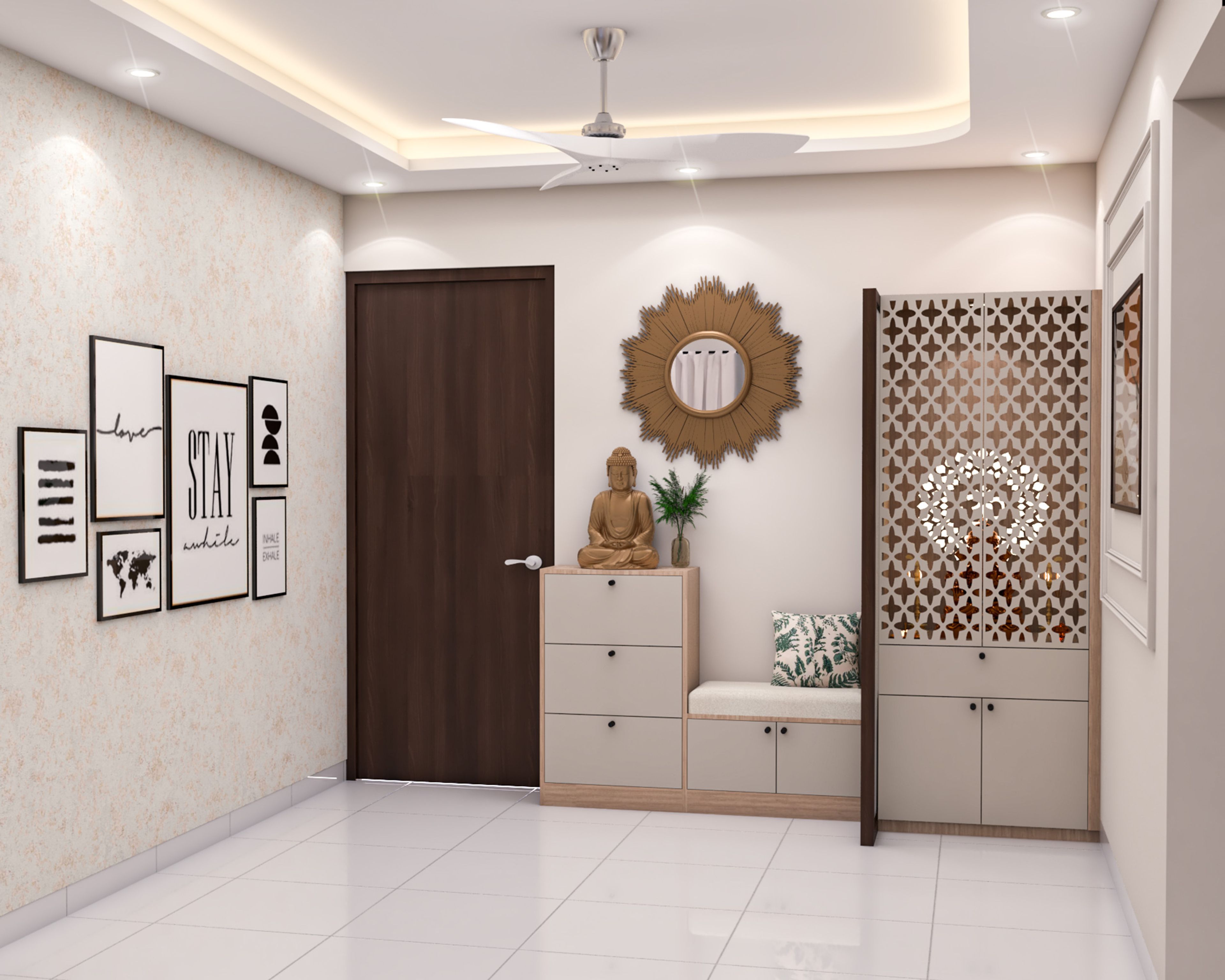 Beige and Walnut Contemporary Entryway Pooja Room Design with Bench and Storage
