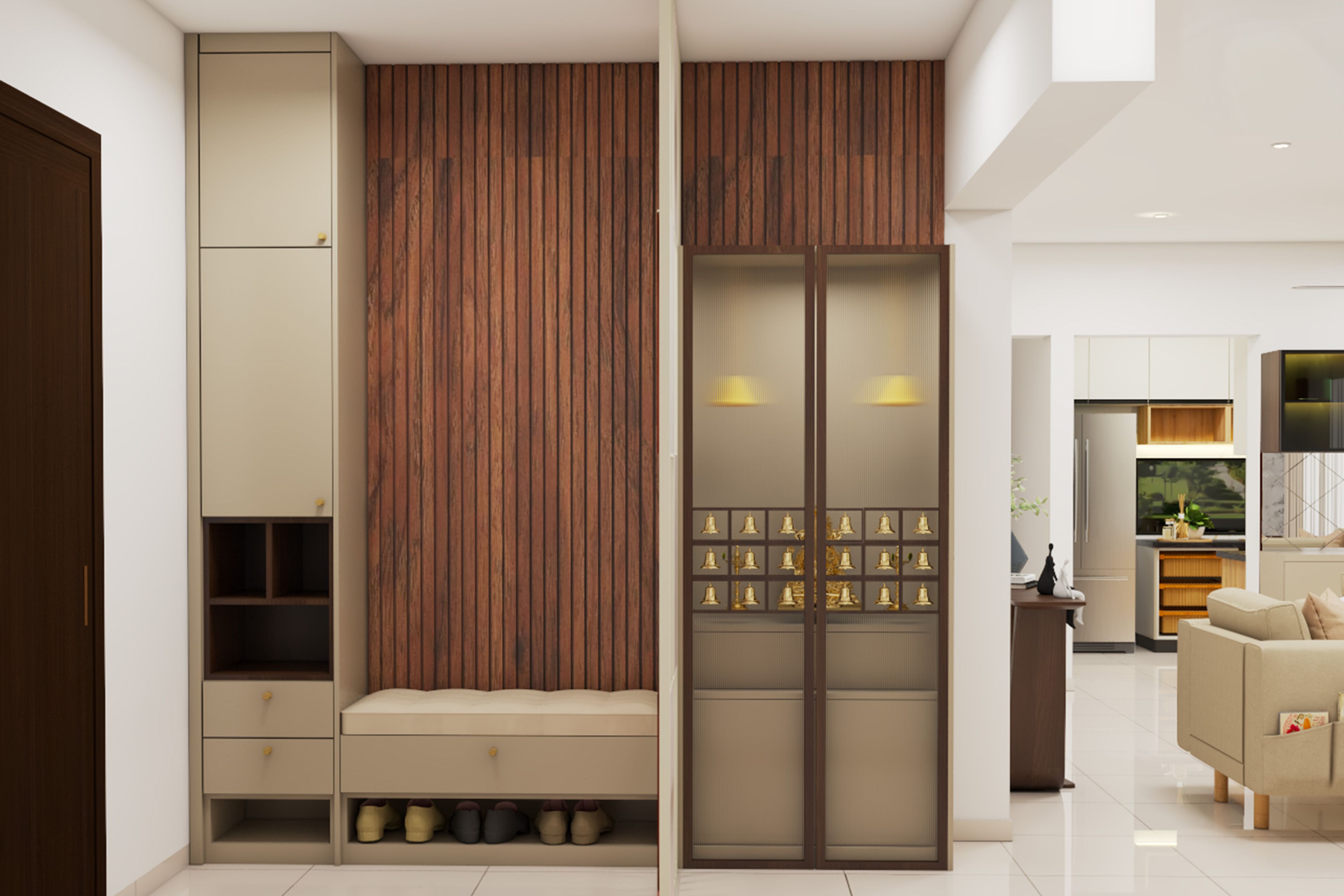 Modern Beige Pooja Room Design with Bench Seating and Storage Cabinets