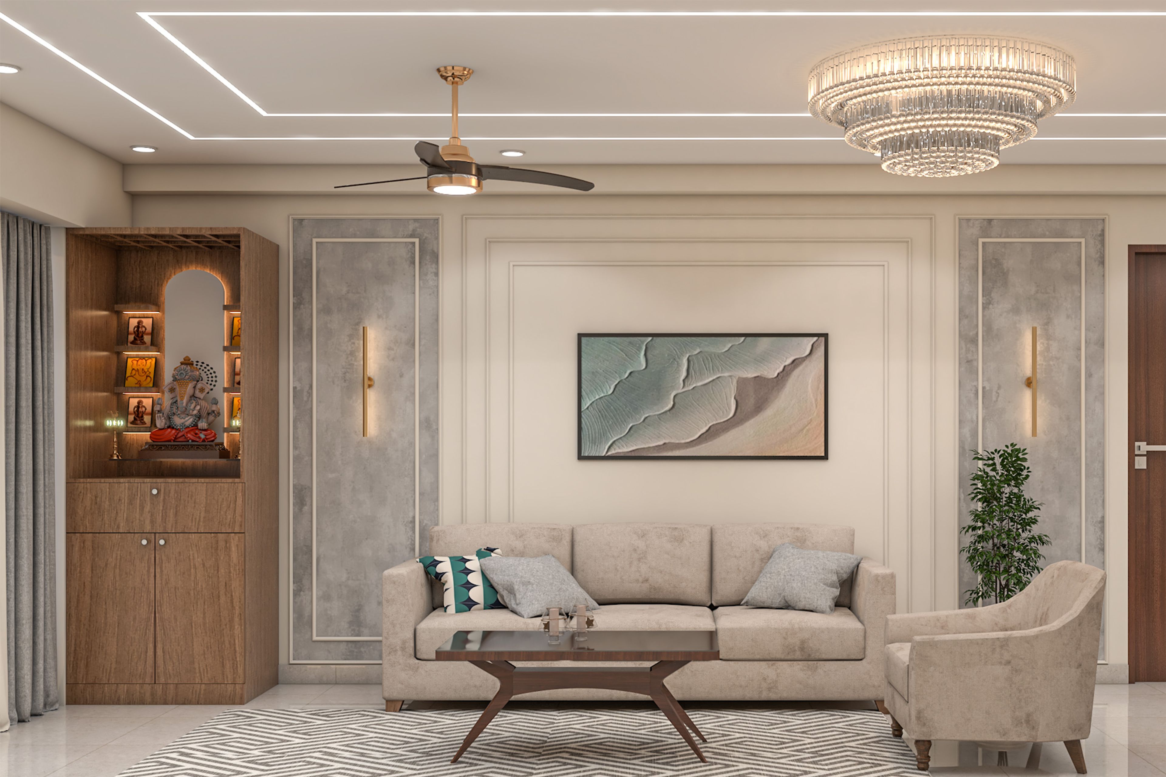 Floor-Mounted Contemporary Walnut Pooja Design with Soft Close Cabinets