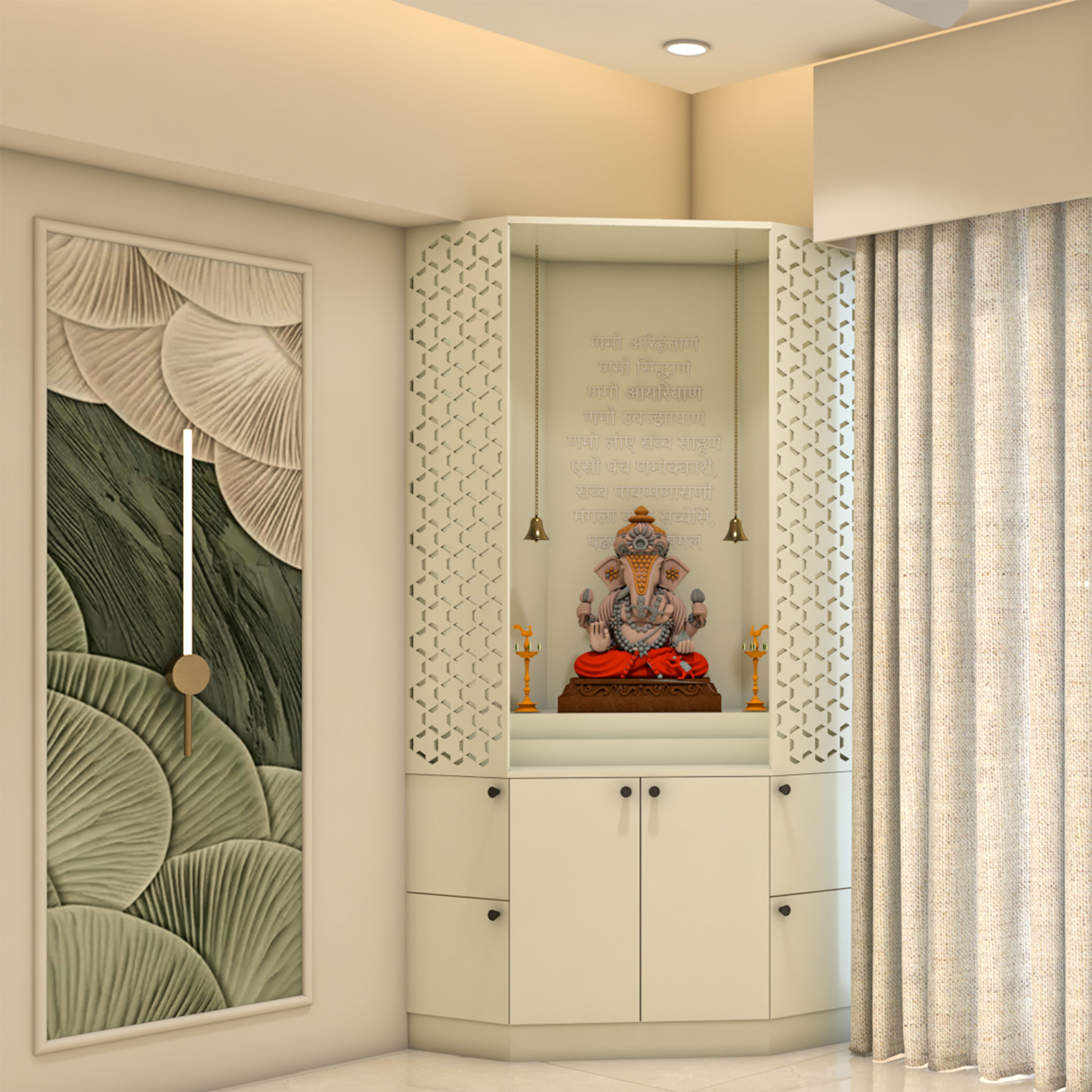 Modern Ivory Floor-Mounted Pooja Design with Closed Storage