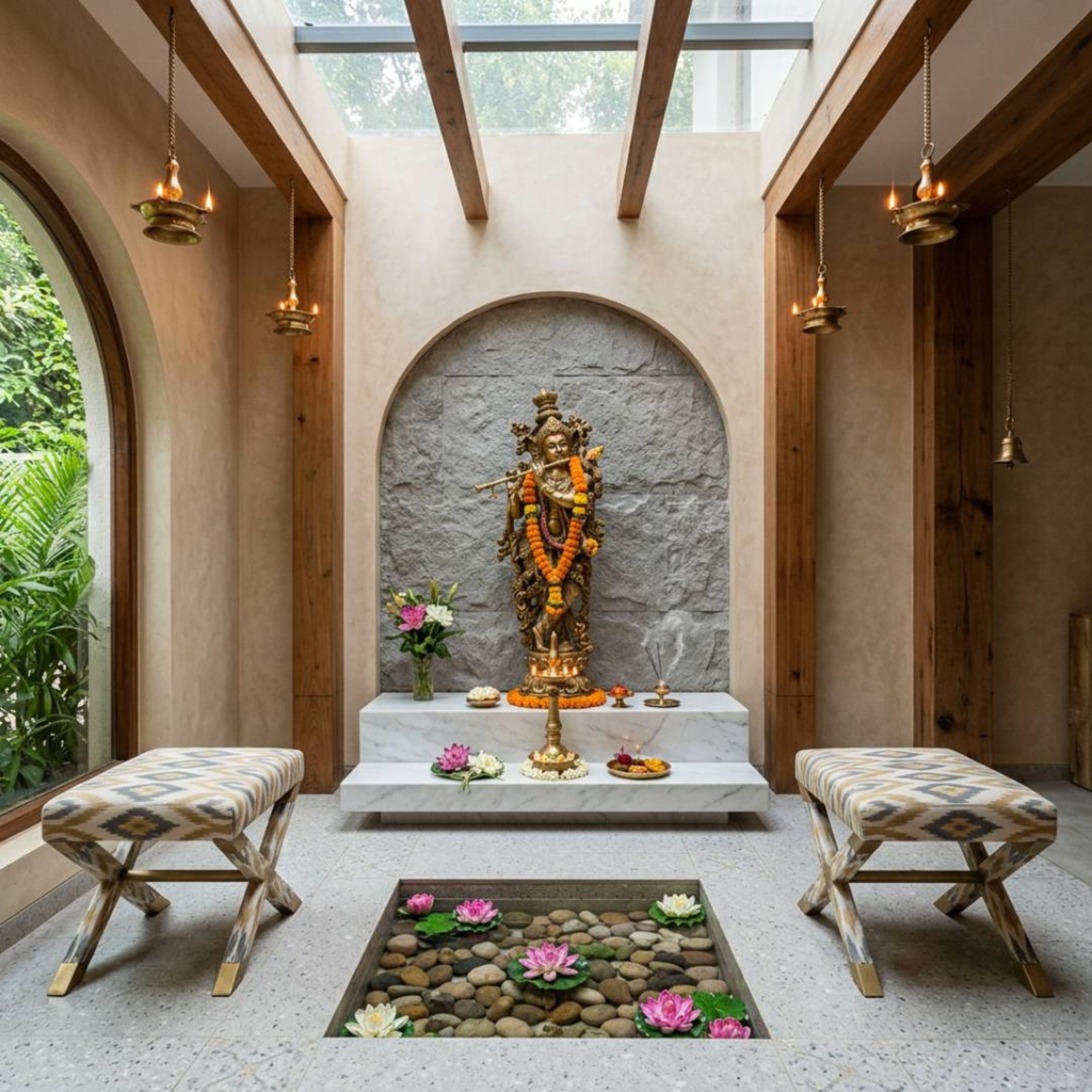 Mid-Century Modern Pooja Room Design with Skylight and Stone Backdrop