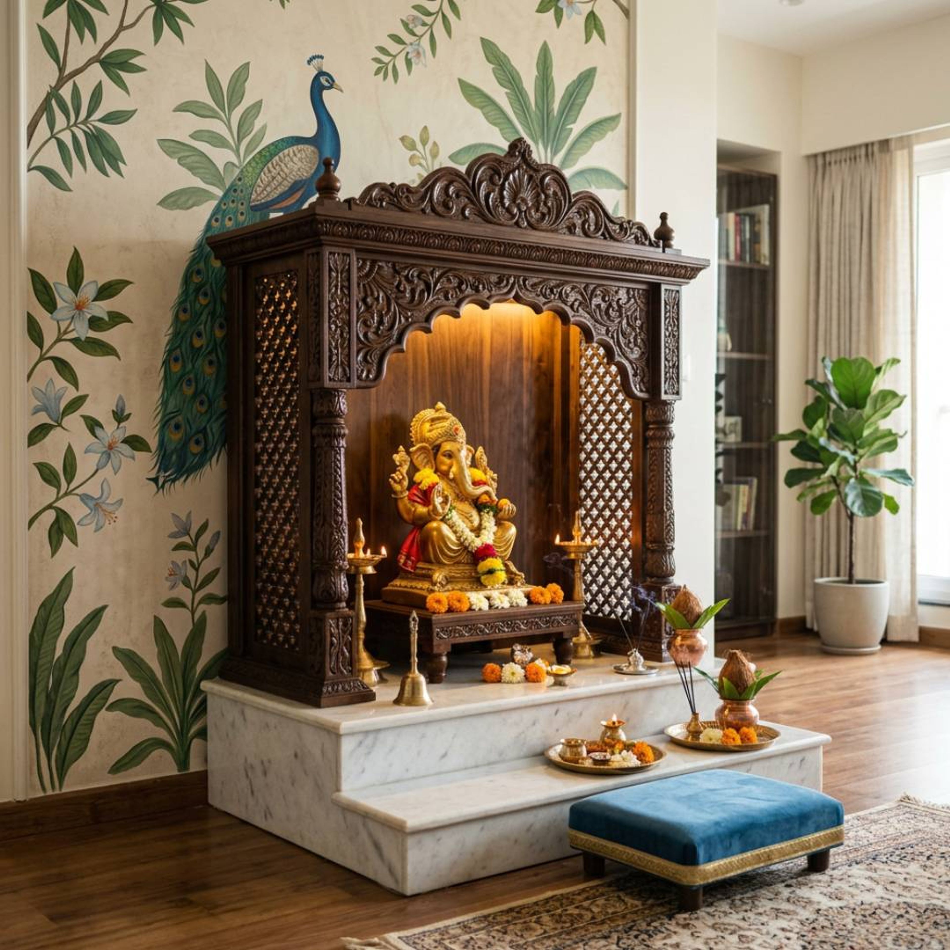 Brown Traditional Pooja Room Design with Wall Mounted Setup and Open Doors