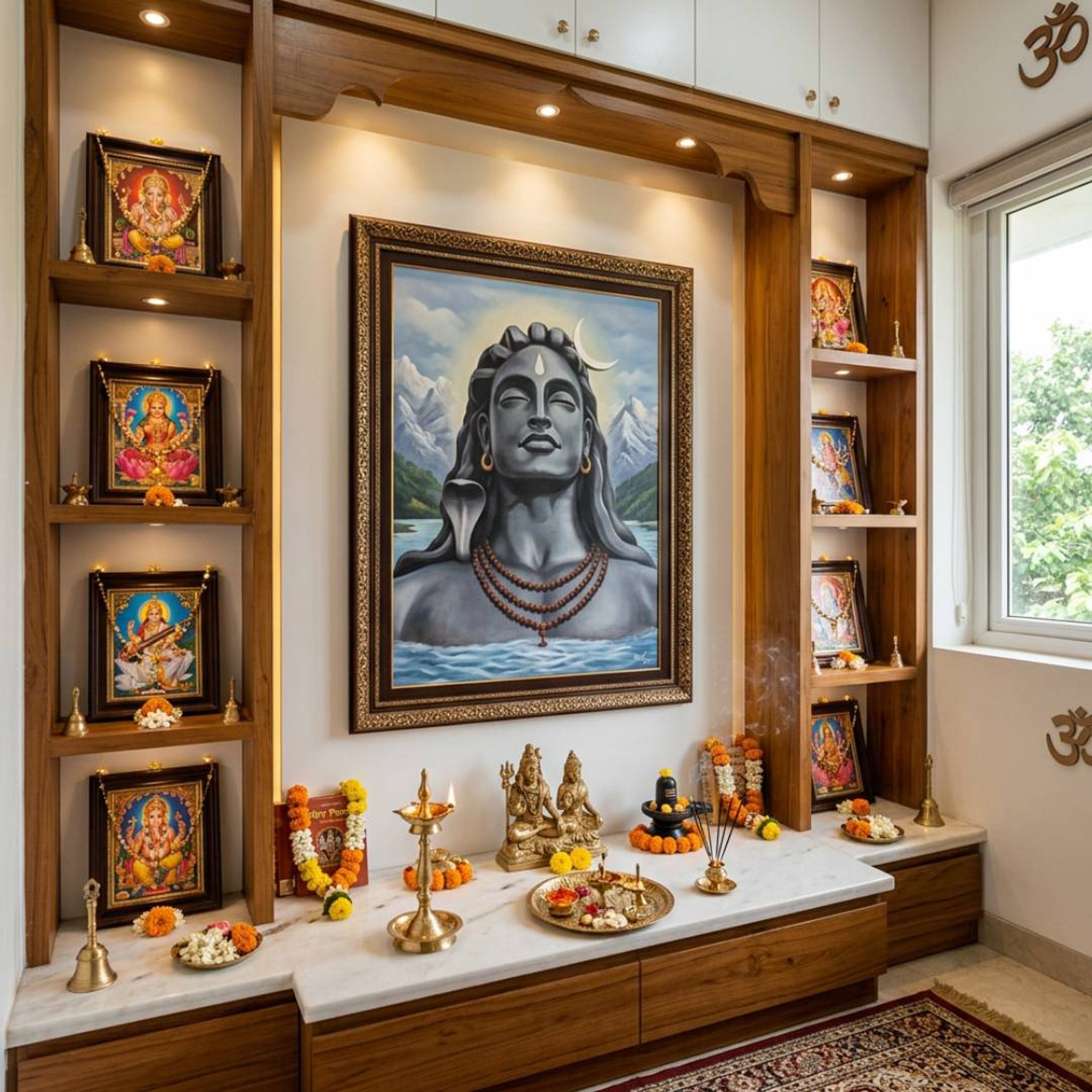 Contemporary Walnut Bronze Pooja Room Design with Storage and Wooden Shelves