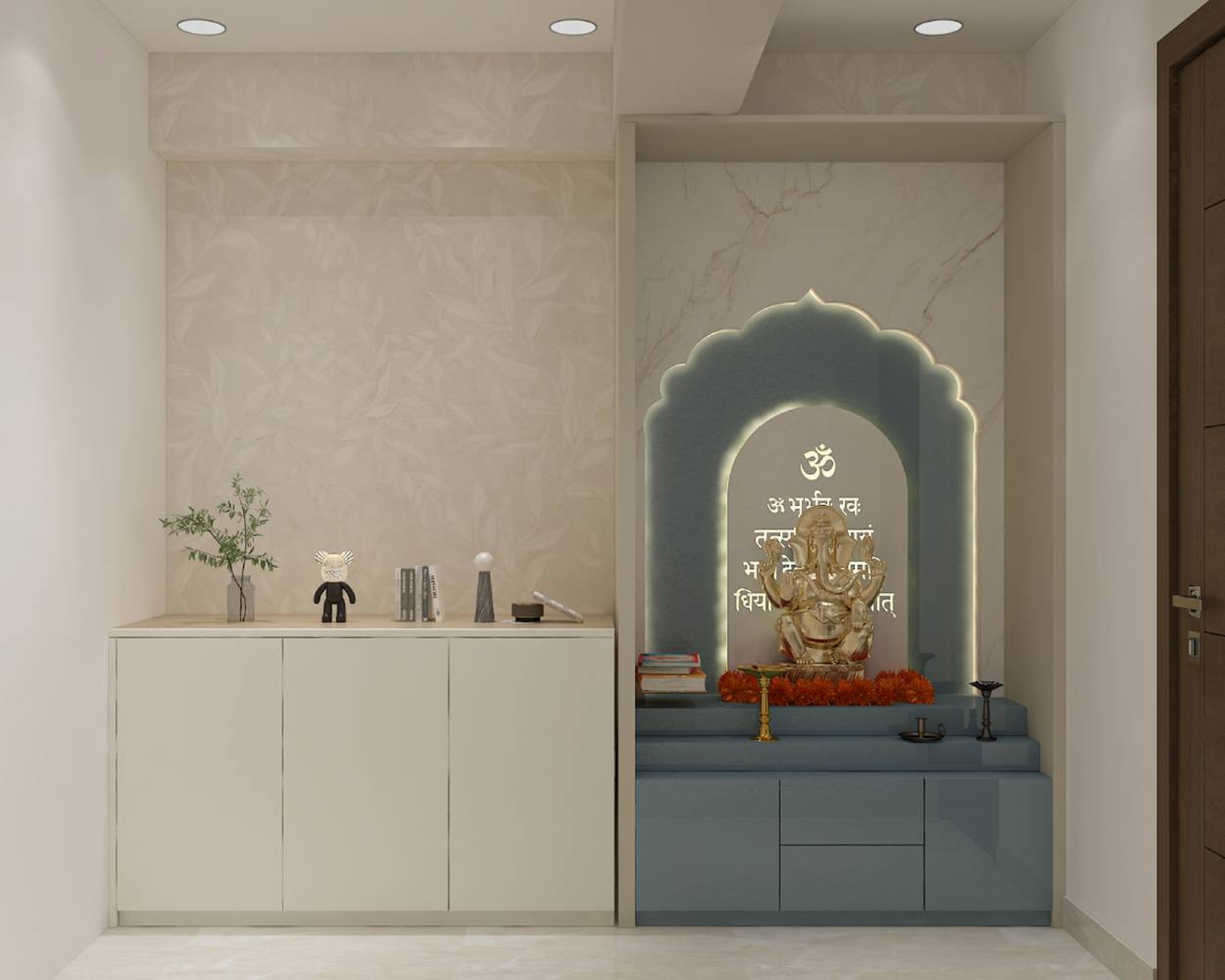 Grey Blue Floor-Mount Modern Pooja Design with Illuminated Arched Niche
