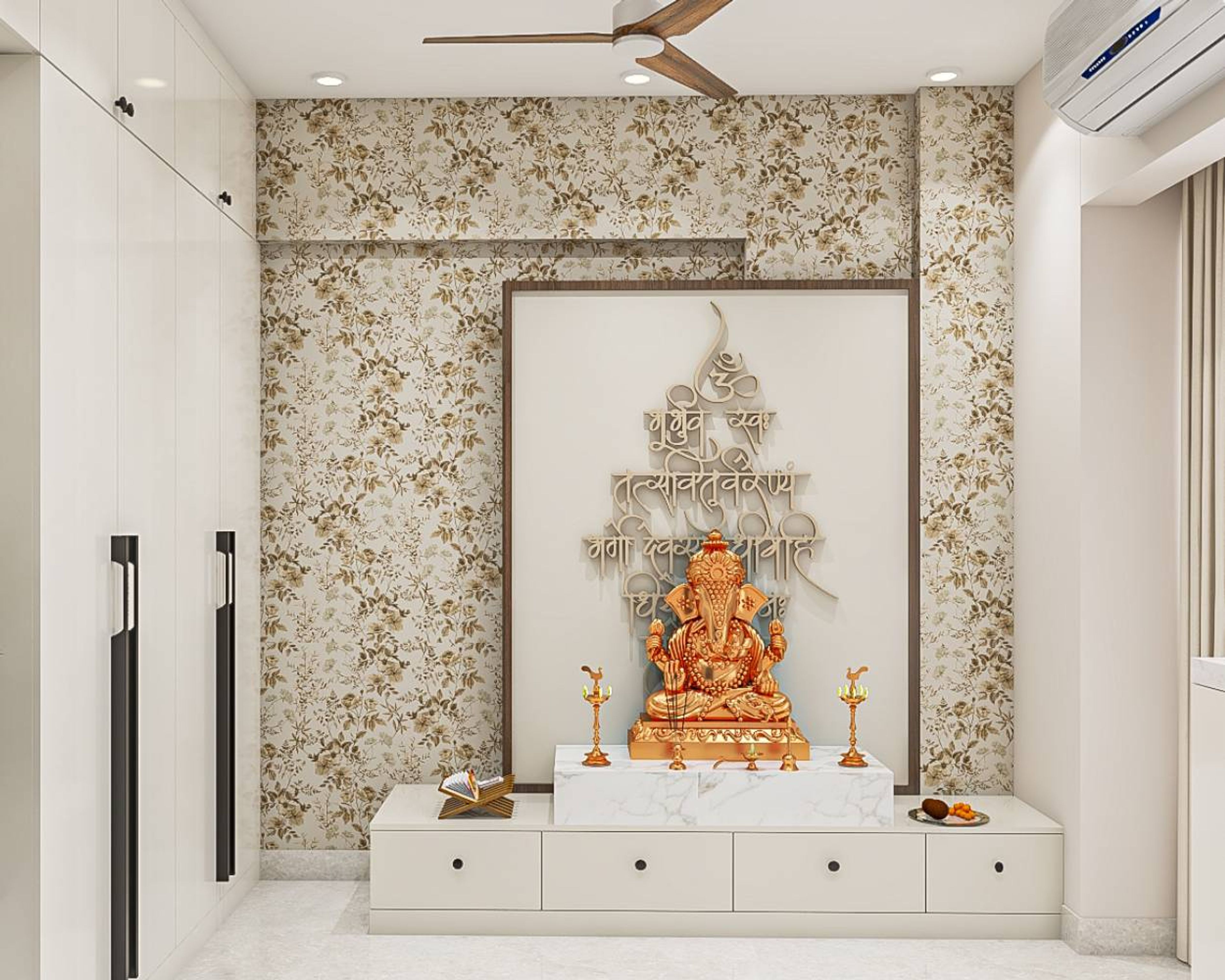 White Modern Pooja Design with Illuminated Idol Niche and Suede Finish