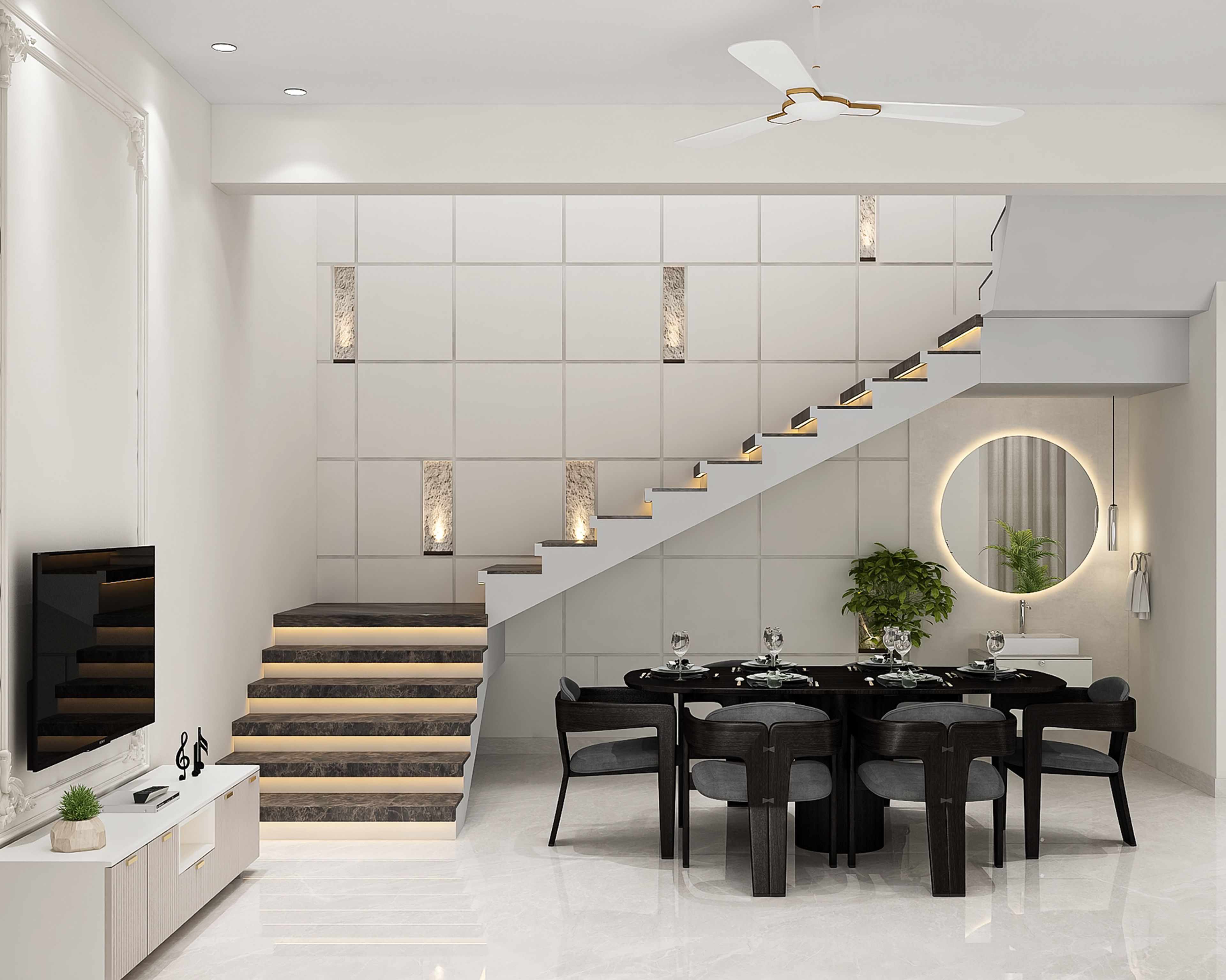 Modern L-Shaped Staircase Design with Black Marble and White Paint Finish