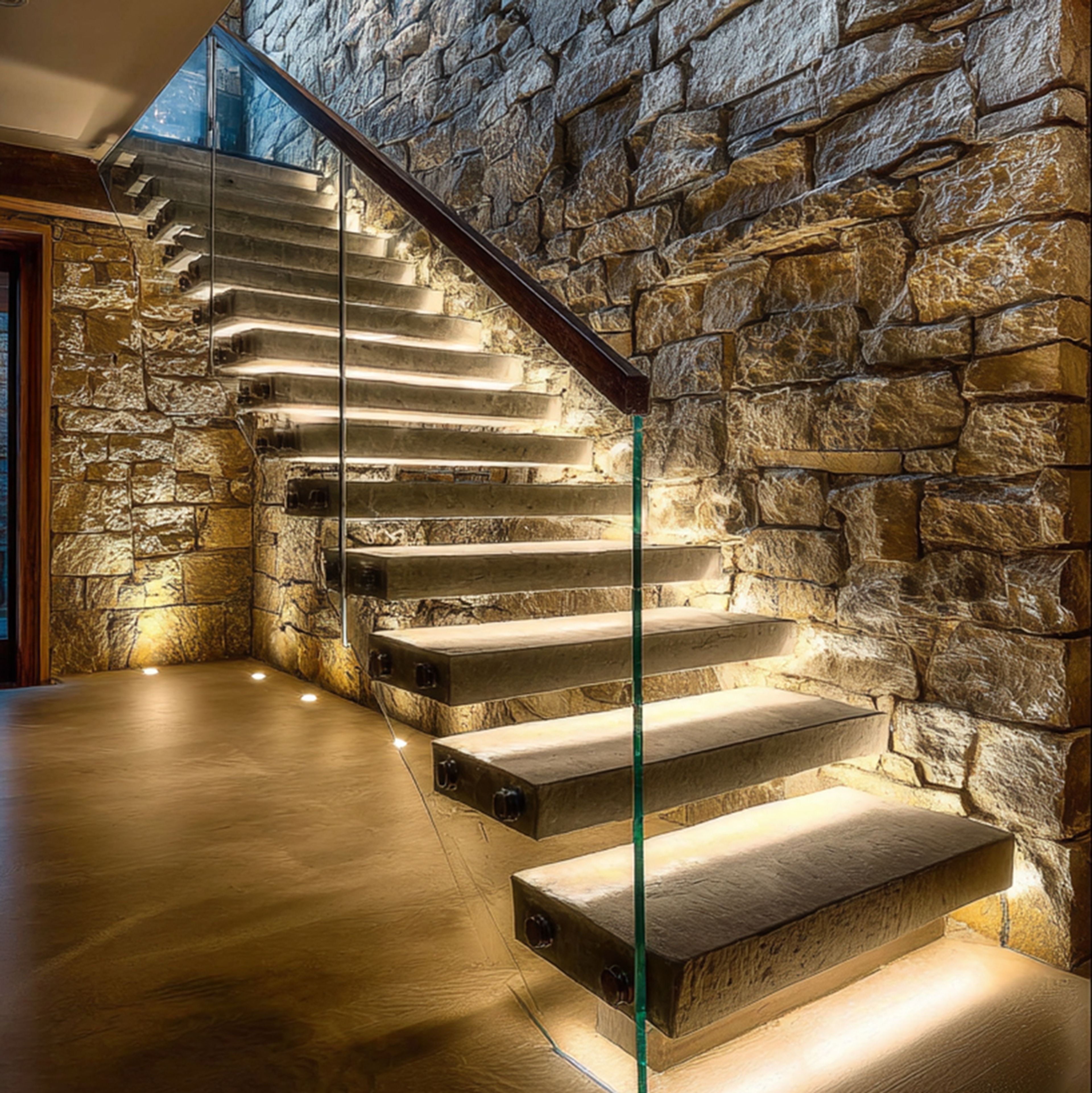 Industrial L-Shaped Staircase Design with Stone and Glass