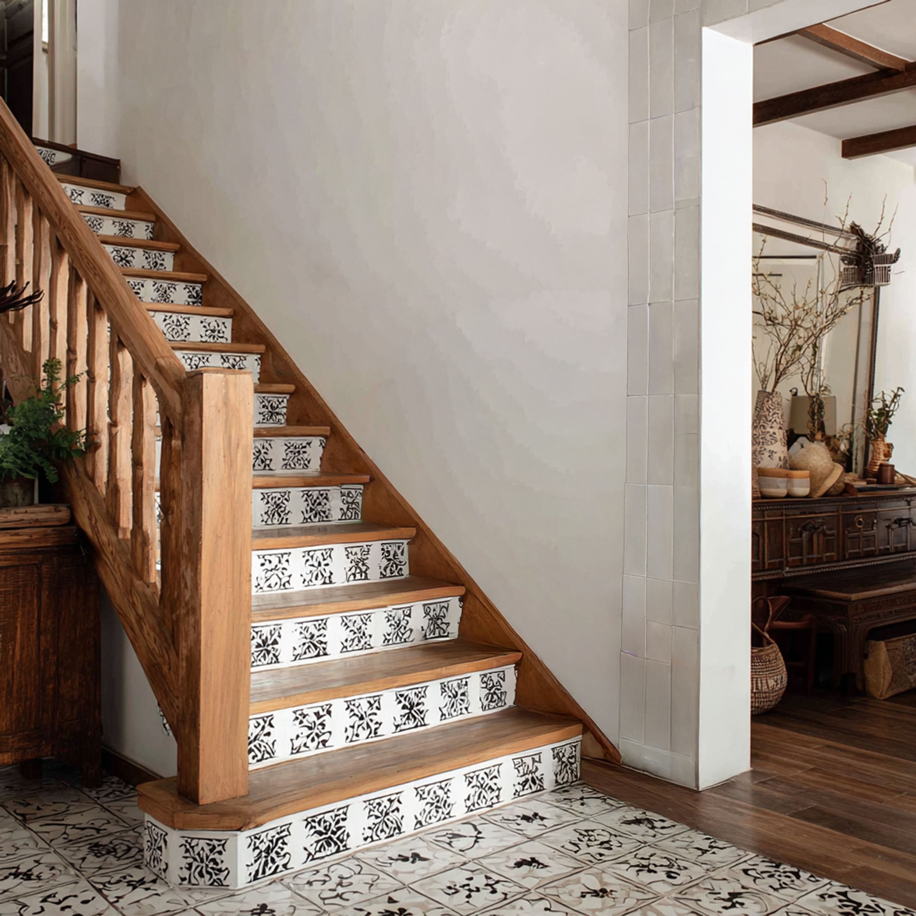 Traditional Straight Staircase Design with Wood and Tile Accents