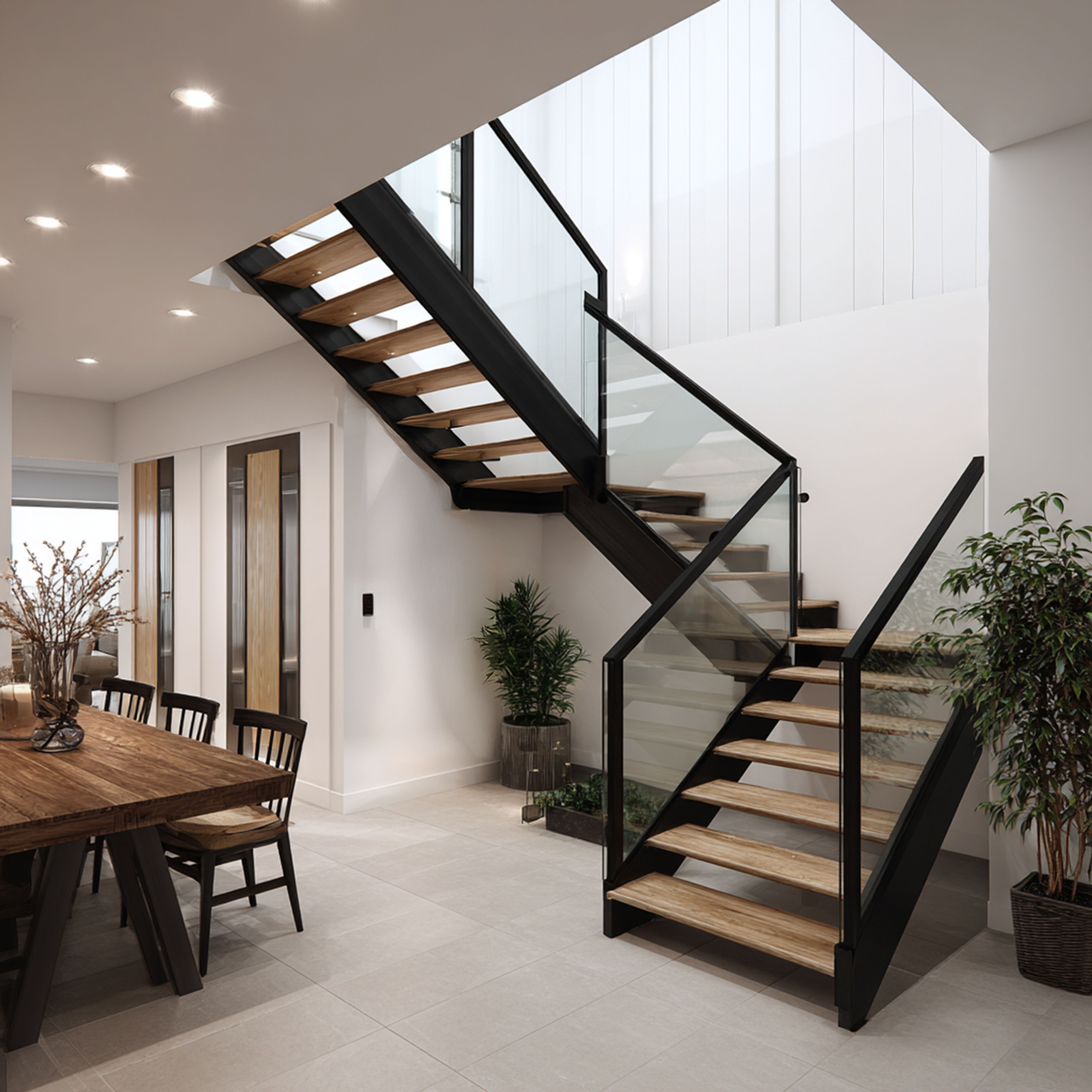 Contemporary Staircase Design with L-Shaped Layout and Glass Railing