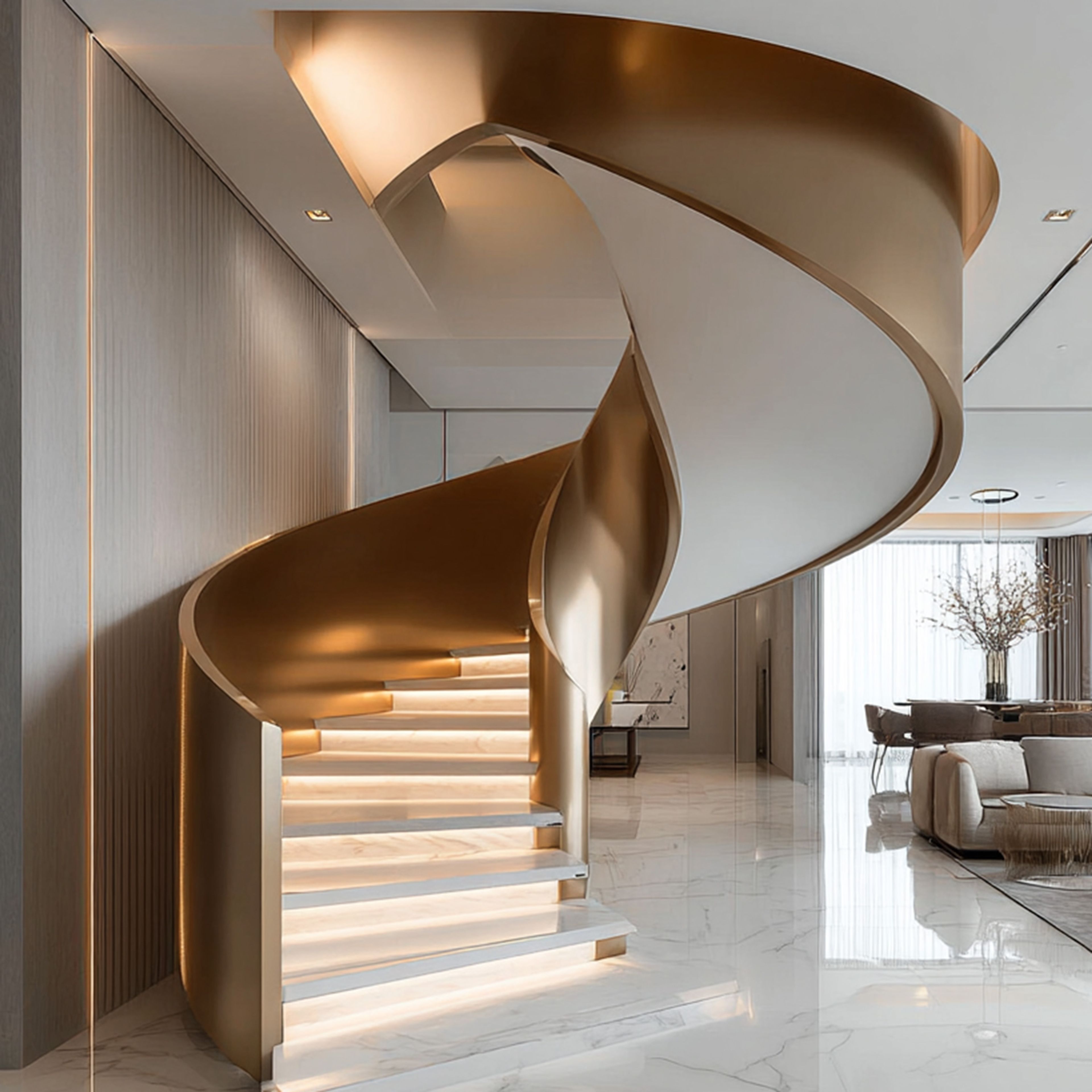 Contemporary Spiral Staircase Design with Brass and Marble