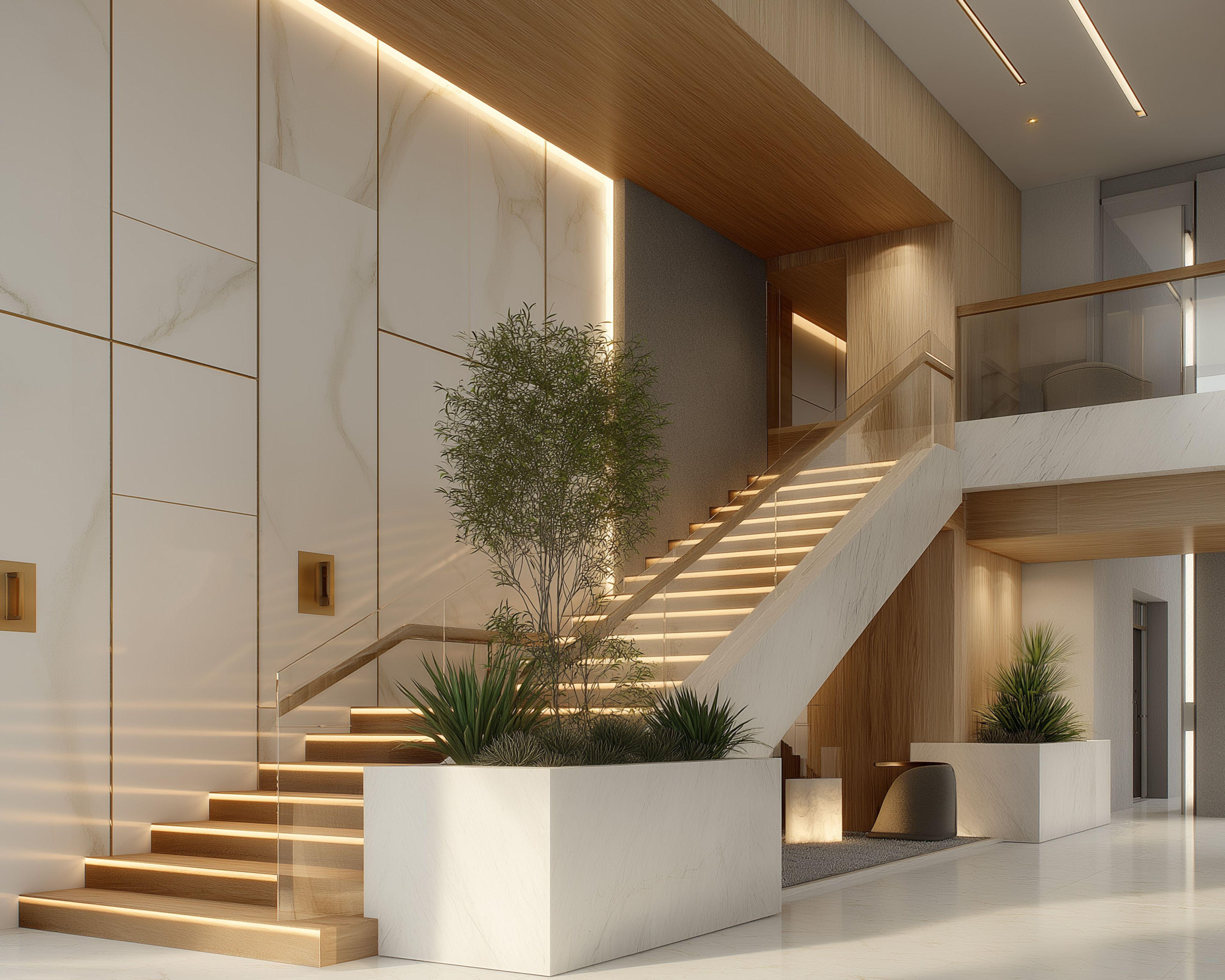 Modern L-Shaped Staircase Design Made of Wood and Glass