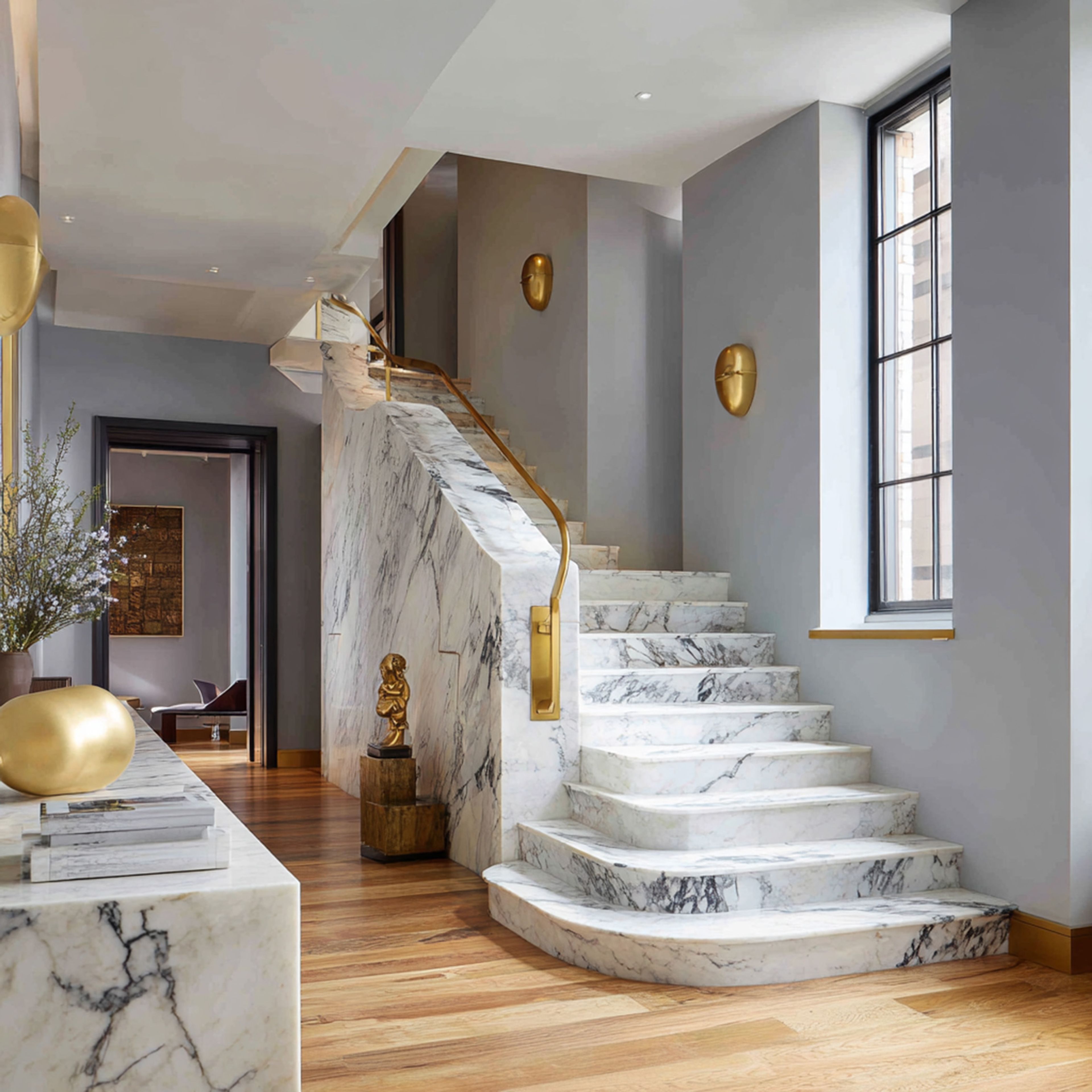 Modern L-Shaped Staircase Design With Marble Finish
