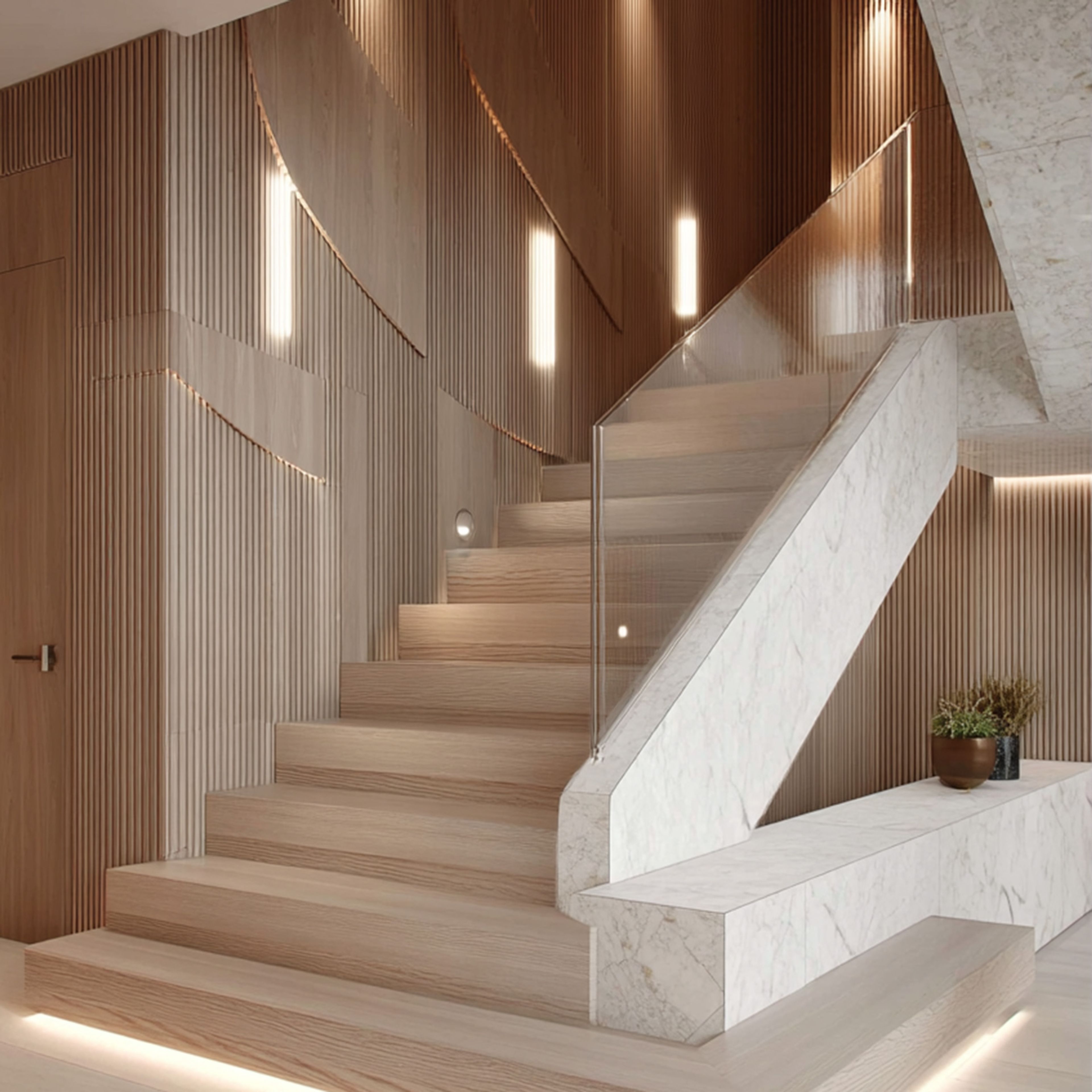 Contemporary Straight Staircase Design with Wood Marble and Glass Finish