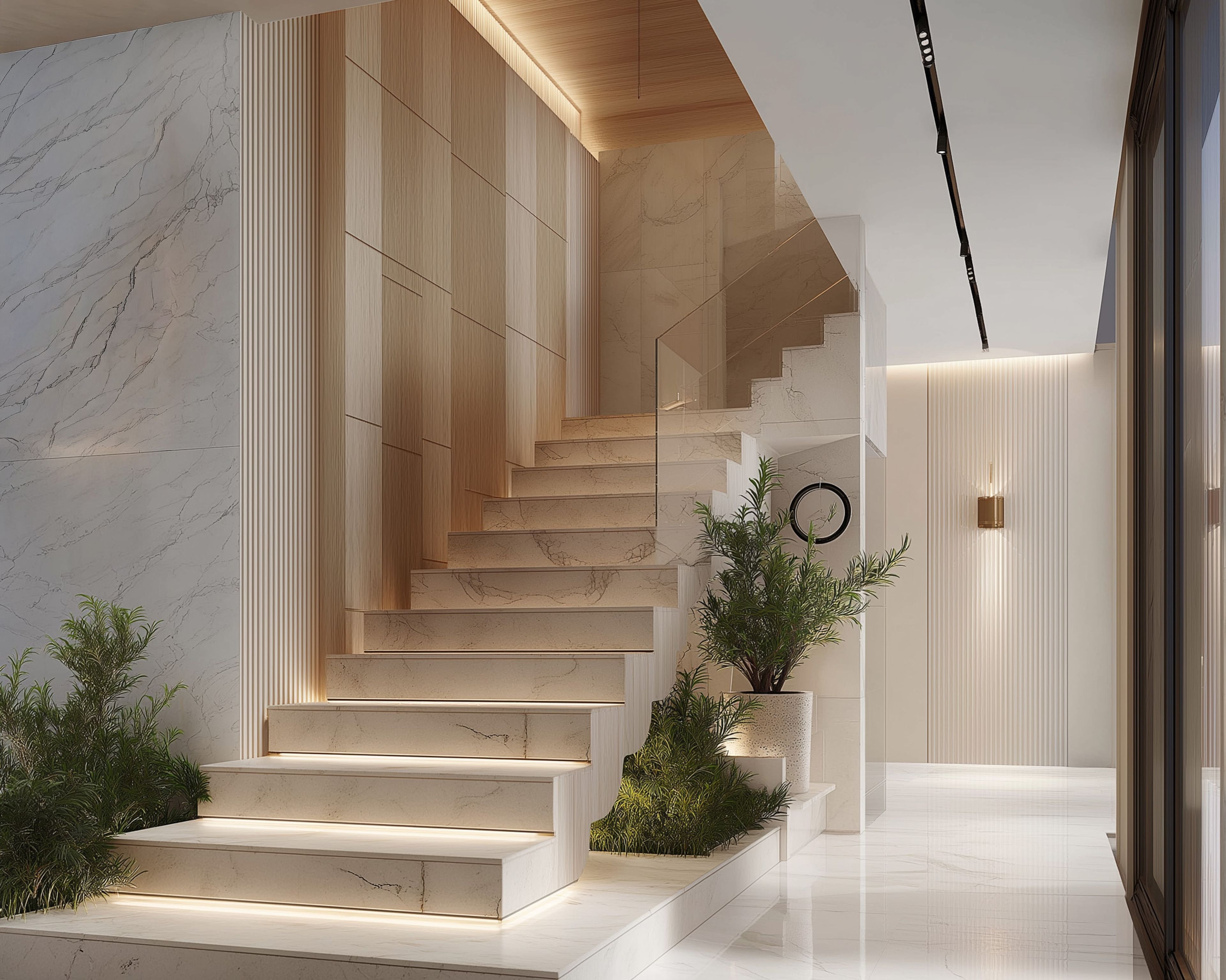 Modern Marble and Glass Staircase Design with L-Shaped Layout