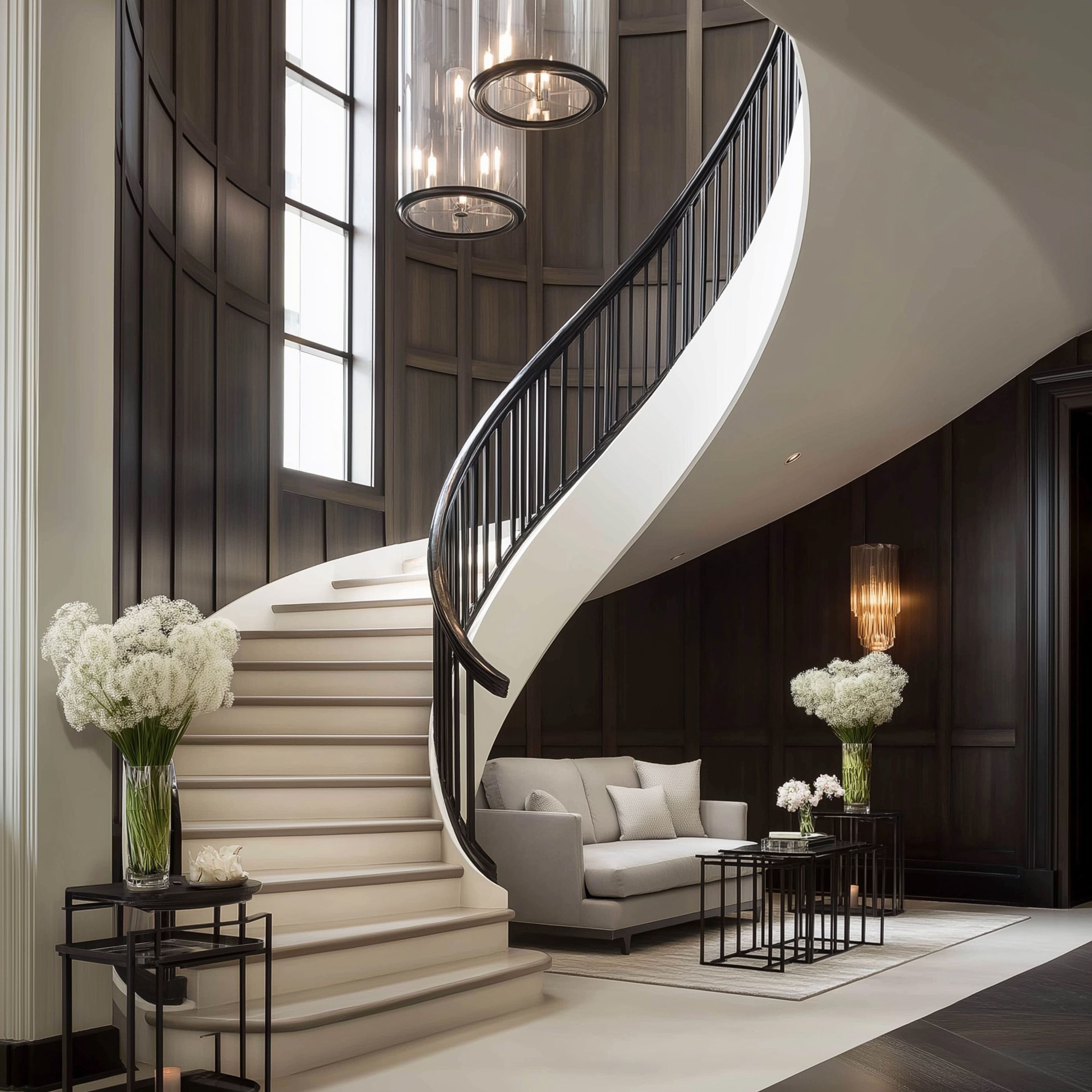 Modern Curved Staircase Design with Metal and Marble Treads