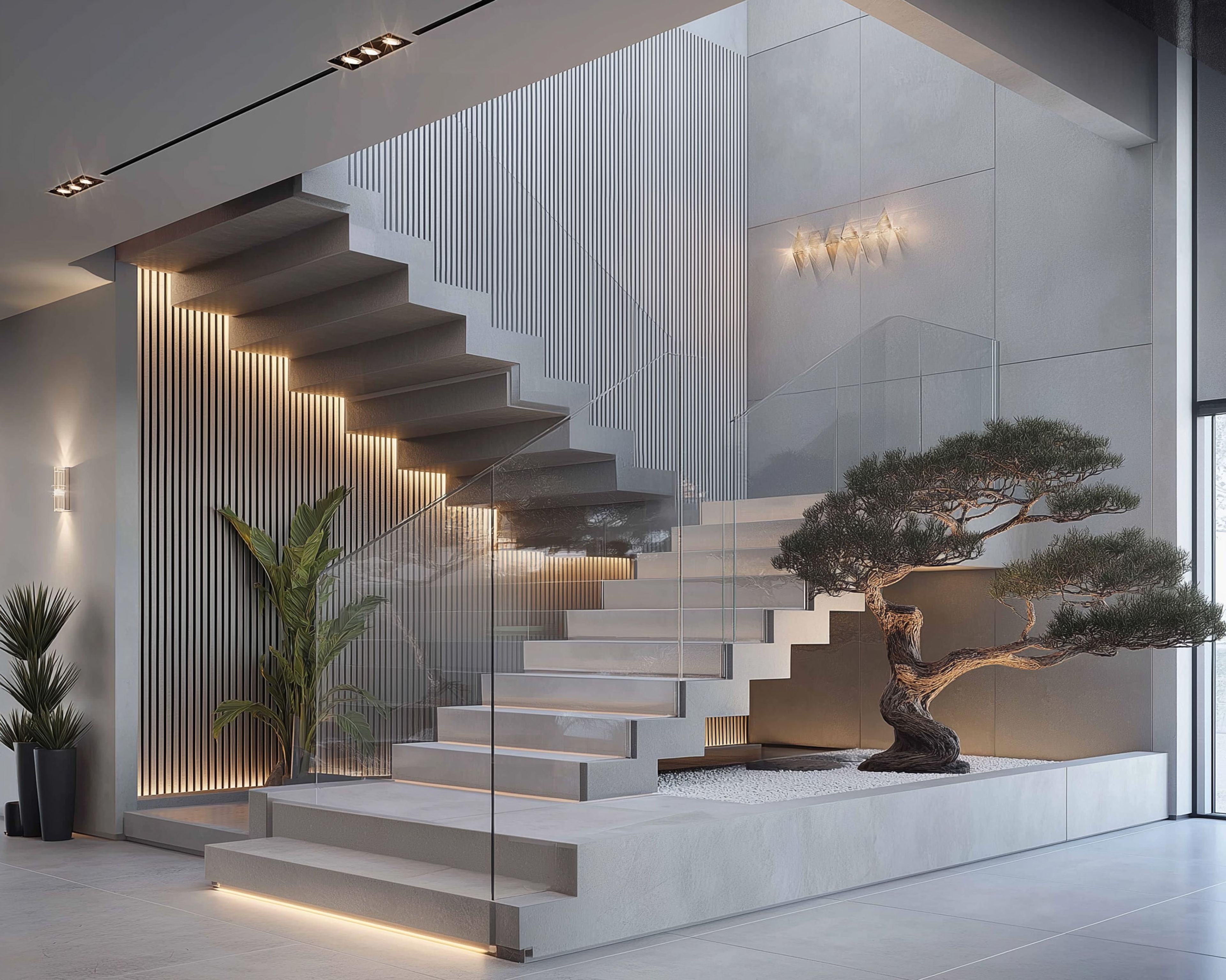 L-Shaped Modern Staircase Design with Marble and Glass Finish