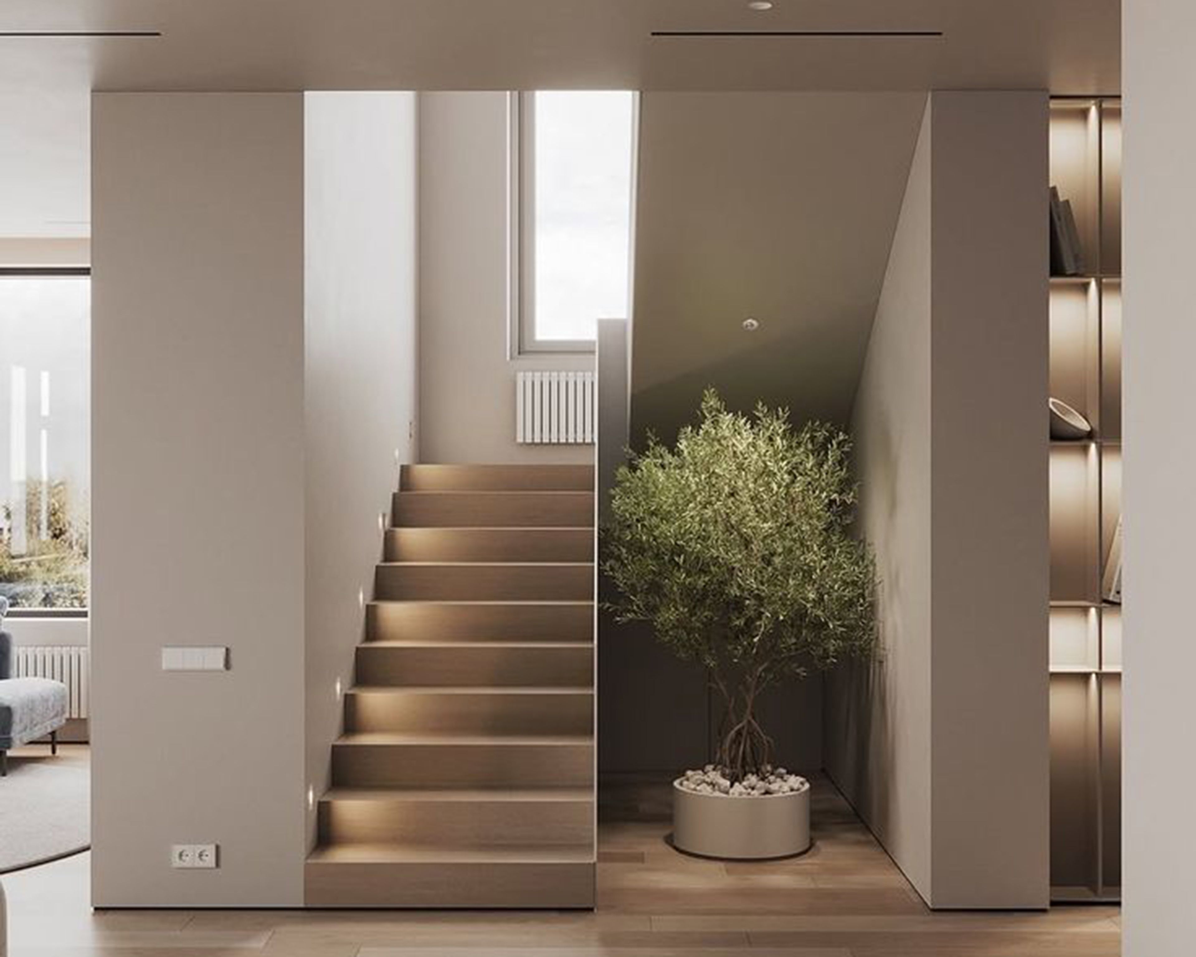 Contemporary L-Shaped Staircase Design with Wood and Glass