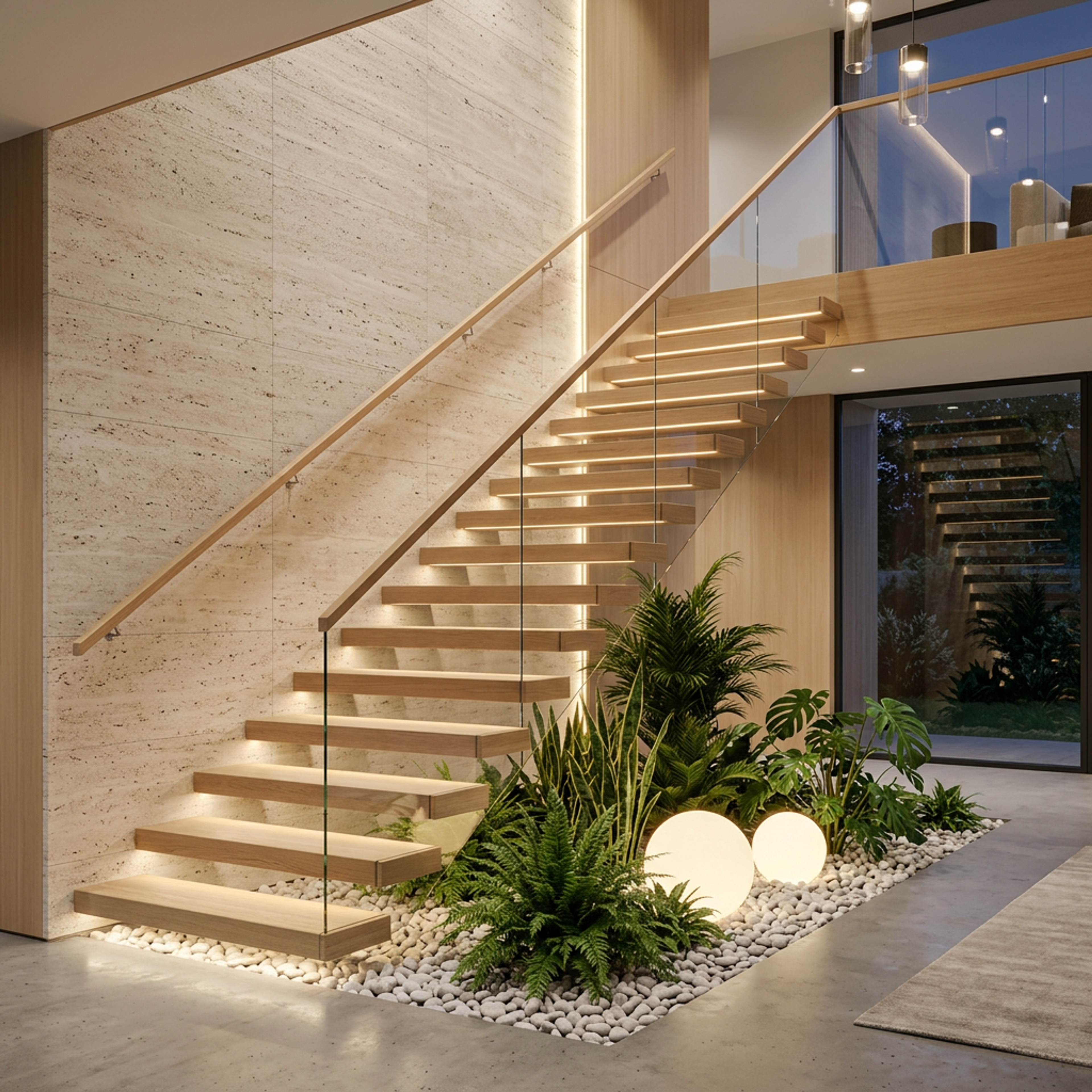 Modern L-Shaped Staircase Design with Wood and Glass Combination